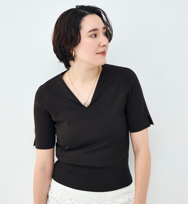 NOLLEY'S sophi「《手洗い可能》トライアングルカラー総針5分袖プルオーバー」|ニット・セーター|