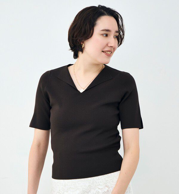 NOLLEY'S sophi「《手洗い可能》トライアングルカラー総針5分袖プルオーバー」|ニット・セーター|