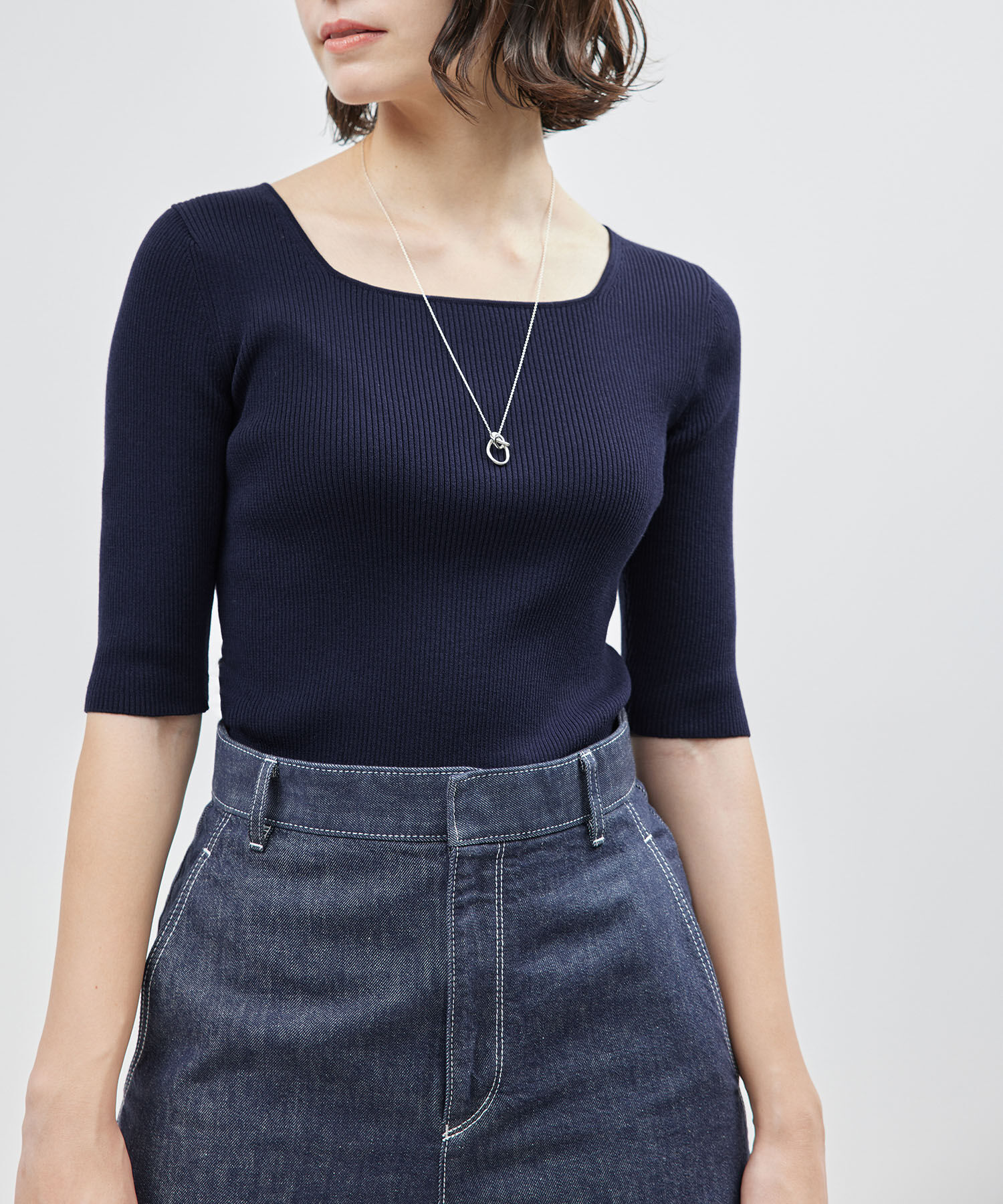 ROPE「【洗える】シルクプロテイン5分袖ニット【メディア掲載】」|Tシャツ・カットソー|ネイビー(40)