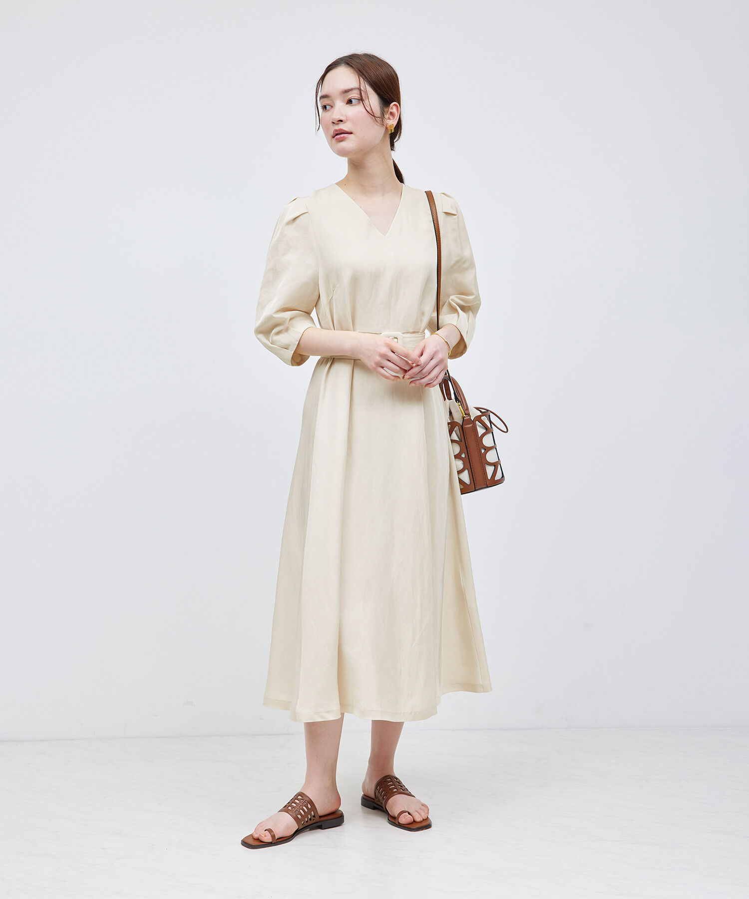 ROPE「パフスリーブベルテッドリネンワンピース」|ワンピース|