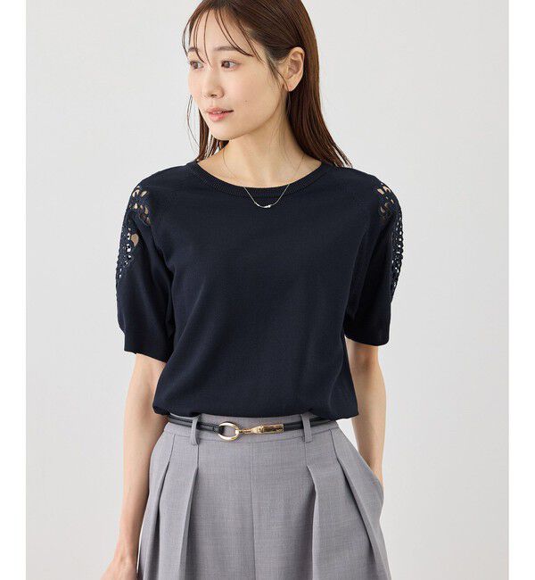 Rope&rsquo;Picnic「八方映えニット 袖レースニットプルオーバー/UVカット・接触冷感・イージーケア」|ニット・セーター|