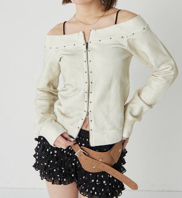  「フロントジップスタッズオフショル」|Tシャツ・カットソー|アイボリー