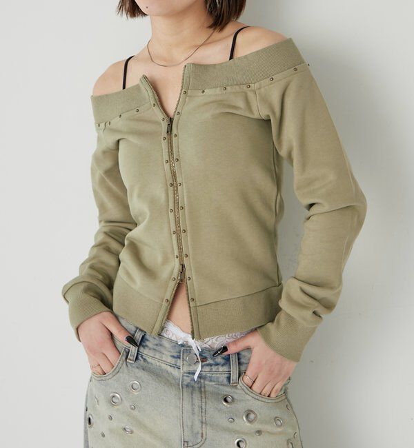  「フロントジップスタッズオフショル」|Tシャツ・カットソー|カーキ