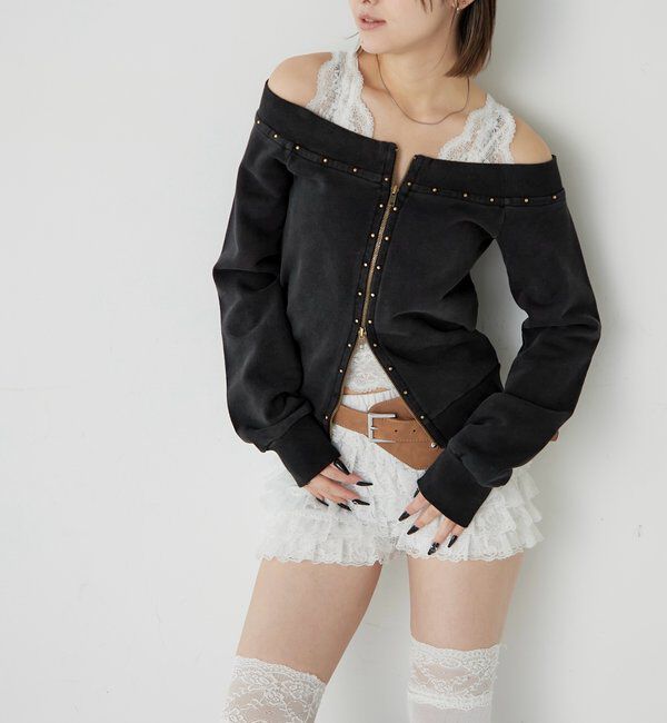  「フロントジップスタッズオフショル」|Tシャツ・カットソー|