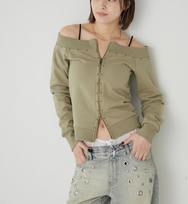  「フロントジップスタッズオフショル」|Tシャツ・カットソー|