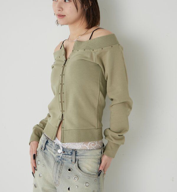  「フロントジップスタッズオフショル」|Tシャツ・カットソー|