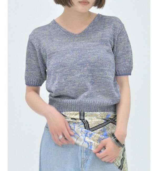 qualite「カラーポリリネンVネックニット【予約】」|ニット・セーター|ブルー