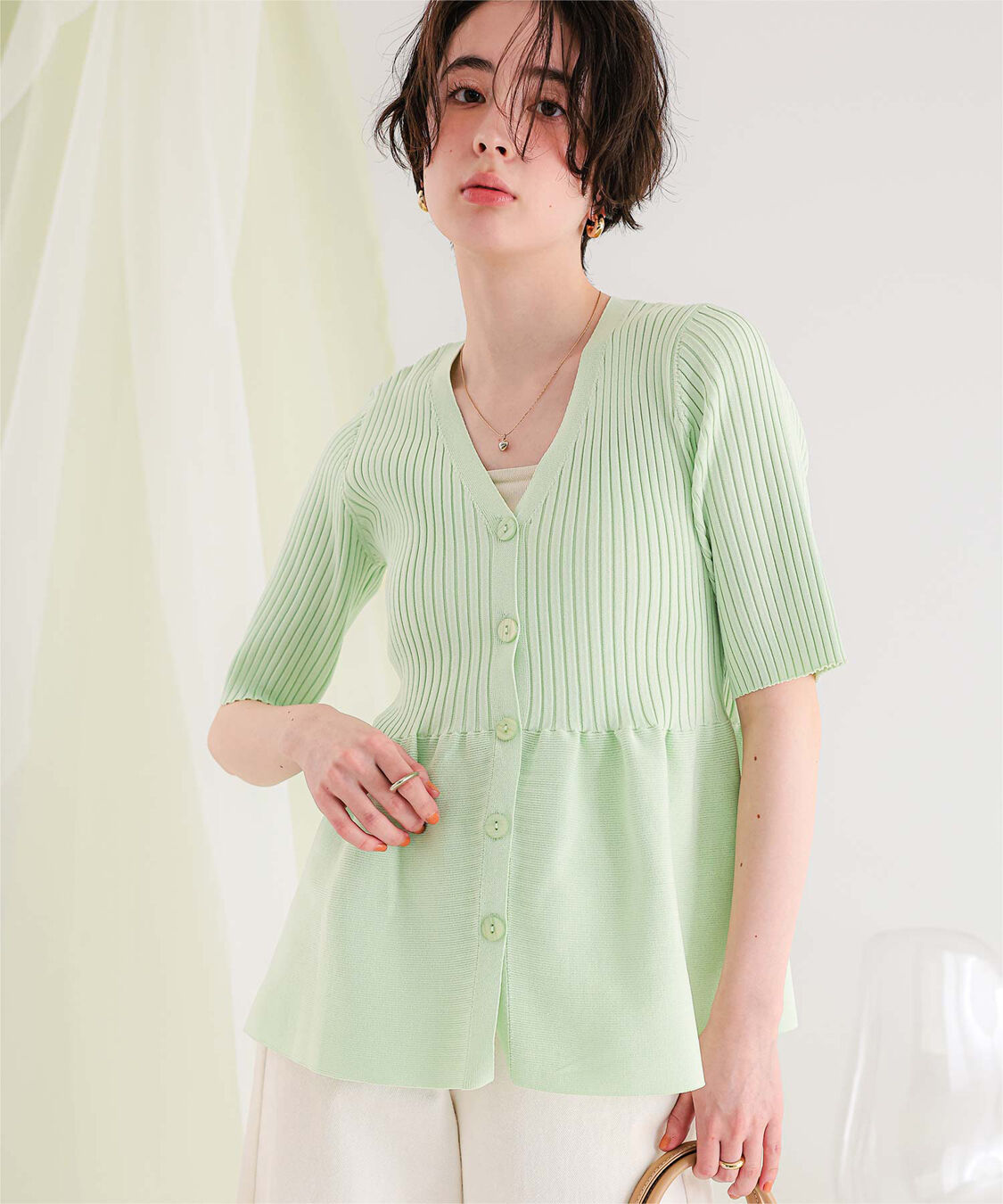titivate「前後2wayハーフスリーブペプラムニットトップス」|ニット・セーター|ライトグリーン