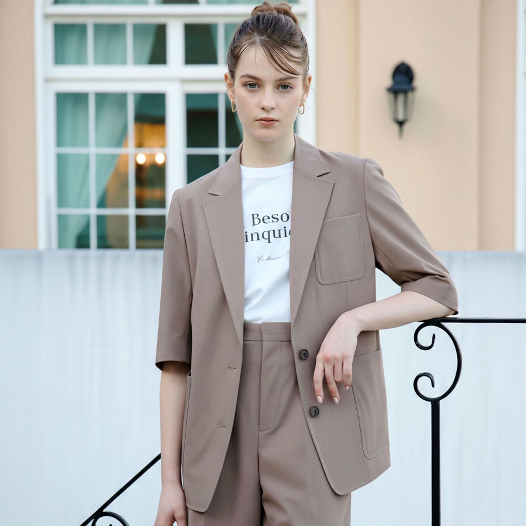 DRESSTERIOR「【接触冷感/UVカット/セットアップ可】 2WAYストレッチスリークオータージャケット」|テーラードジャケット|ブラウン(043)