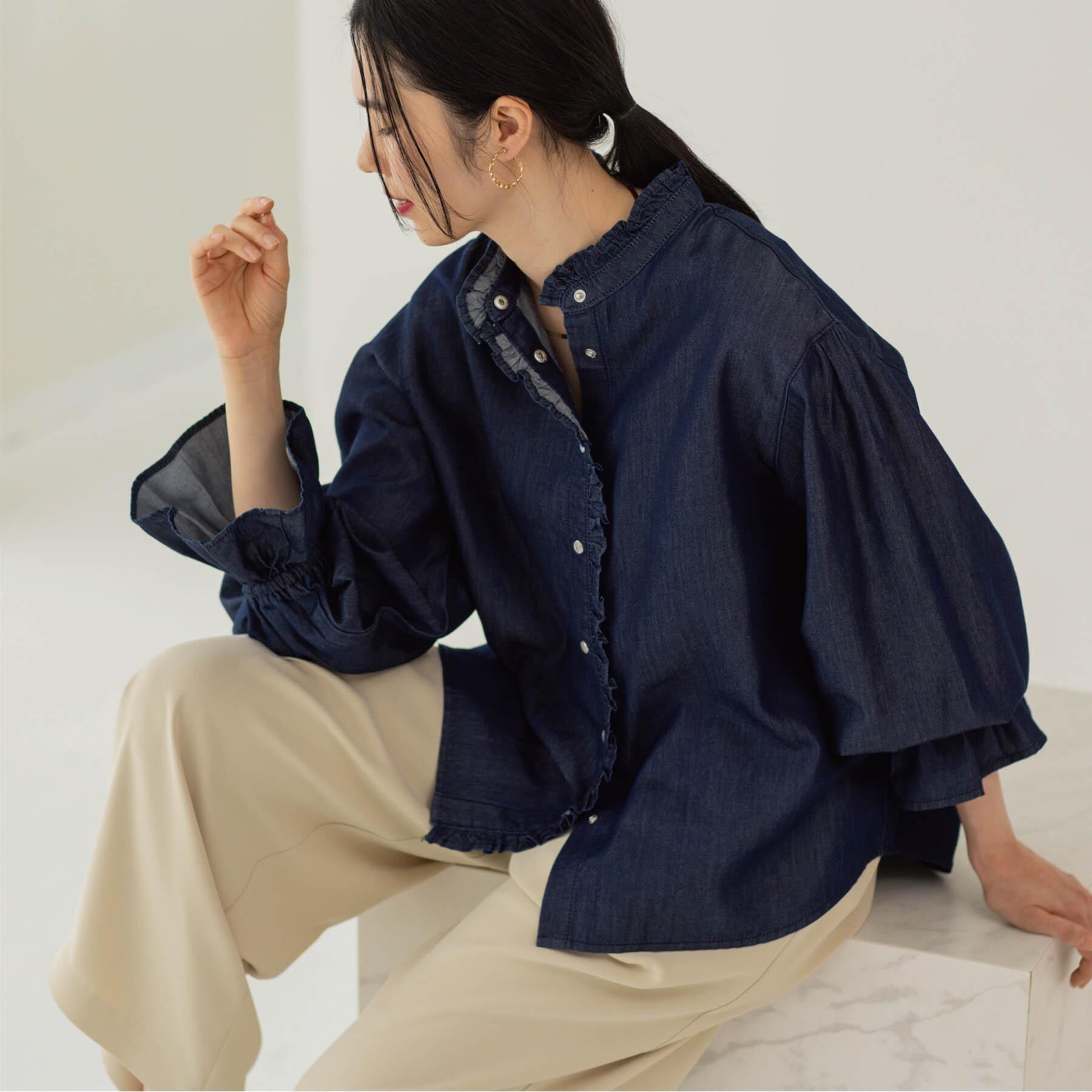 OPAQUE.CLIP「セルロース混デニムフリルブラウス【洗濯機OK】」|シャツ・ブラウス|