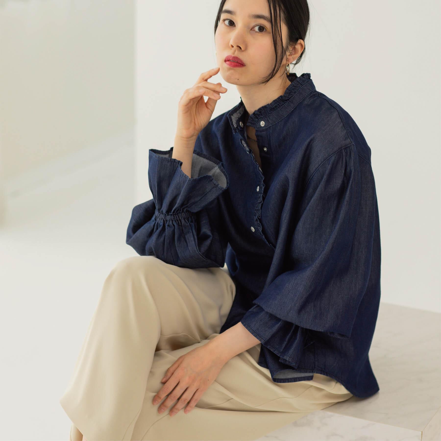 OPAQUE.CLIP「セルロース混デニムフリルブラウス【洗濯機OK】」|シャツ・ブラウス|