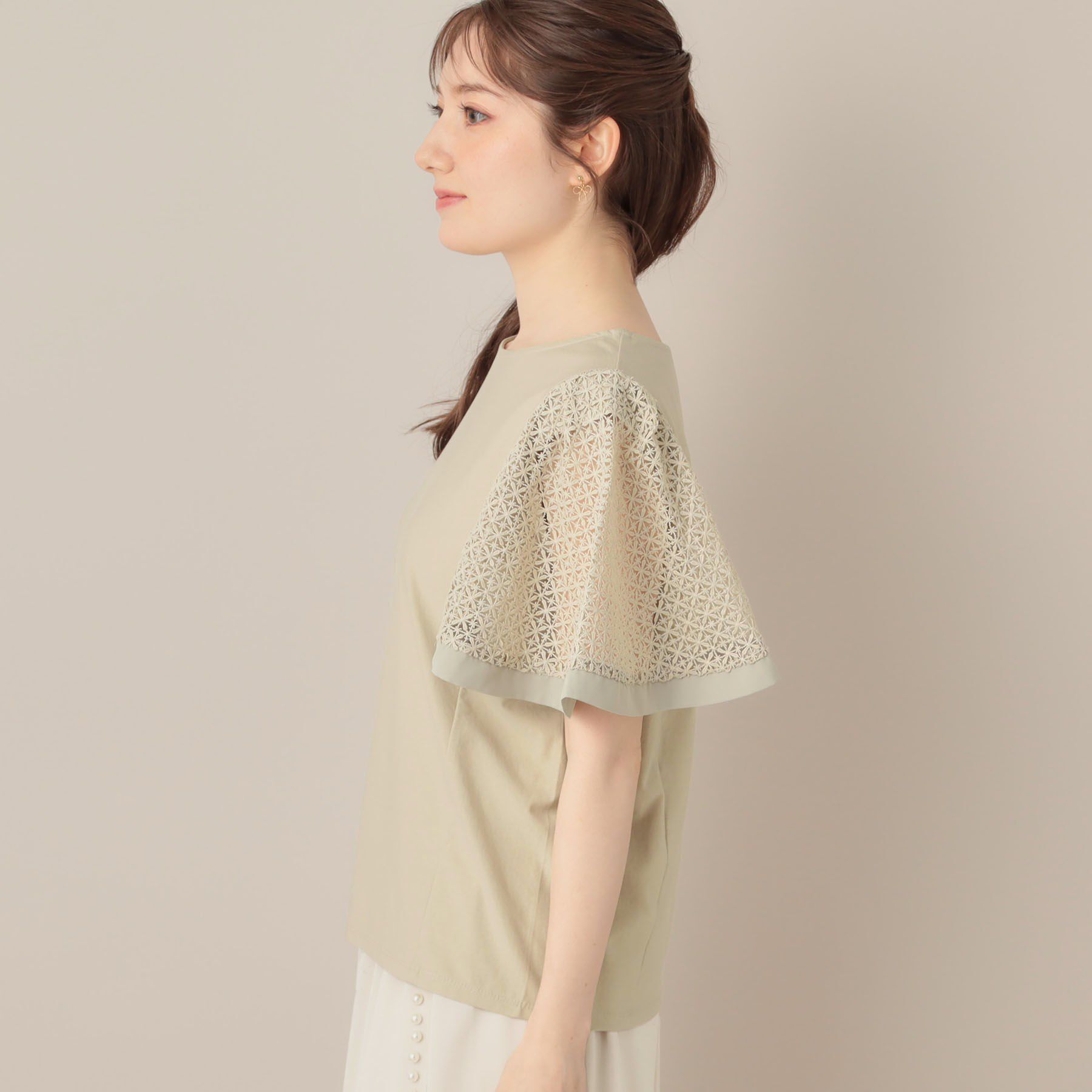 Couture broach「【接触冷感・5分袖】ケミカルレースフレアスリーブトップス」|Tシャツ・カットソー|