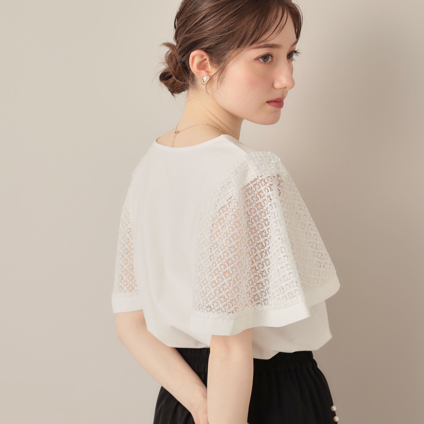 Couture broach「【接触冷感・5分袖】ケミカルレースフレアスリーブトップス」|Tシャツ・カットソー|