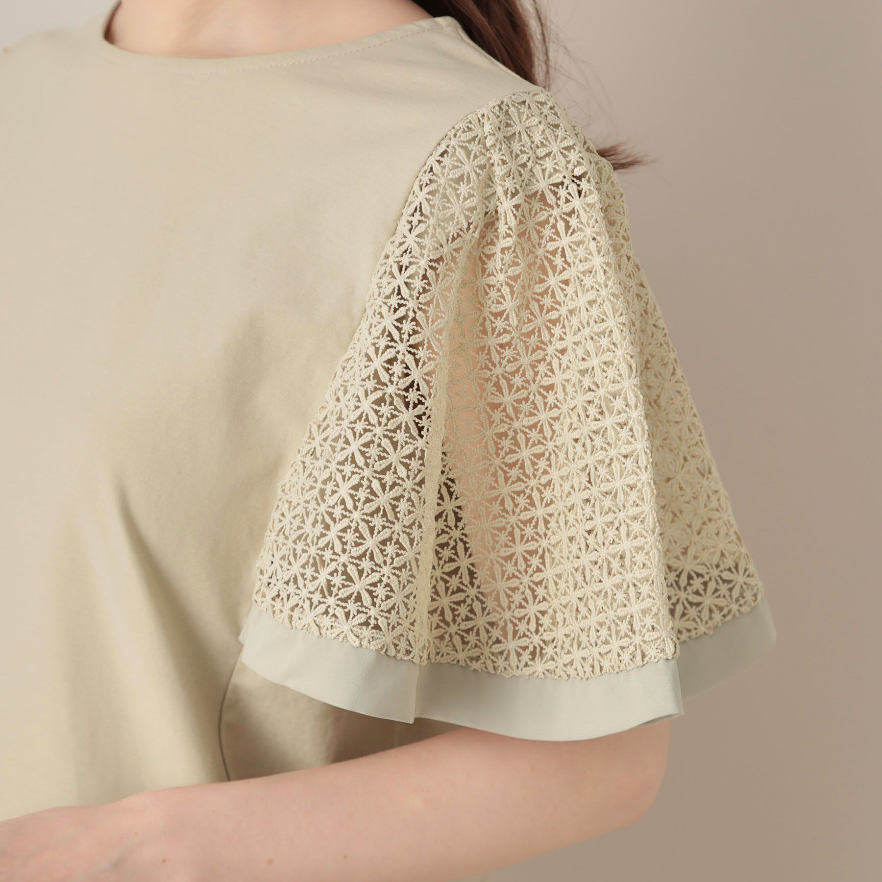 Couture broach「【接触冷感・5分袖】ケミカルレースフレアスリーブトップス」|Tシャツ・カットソー|