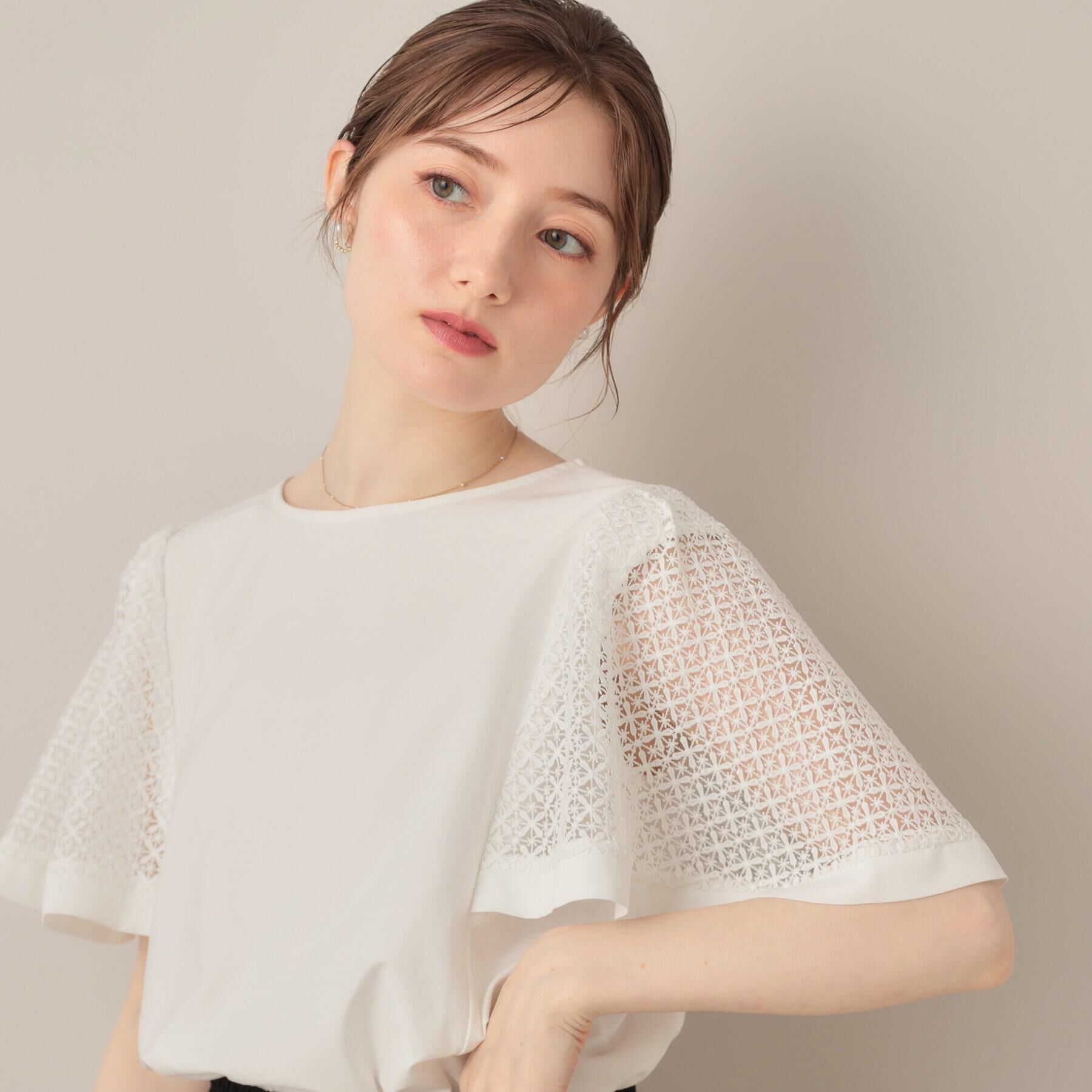 Couture broach「【接触冷感・5分袖】ケミカルレースフレアスリーブトップス」|Tシャツ・カットソー|