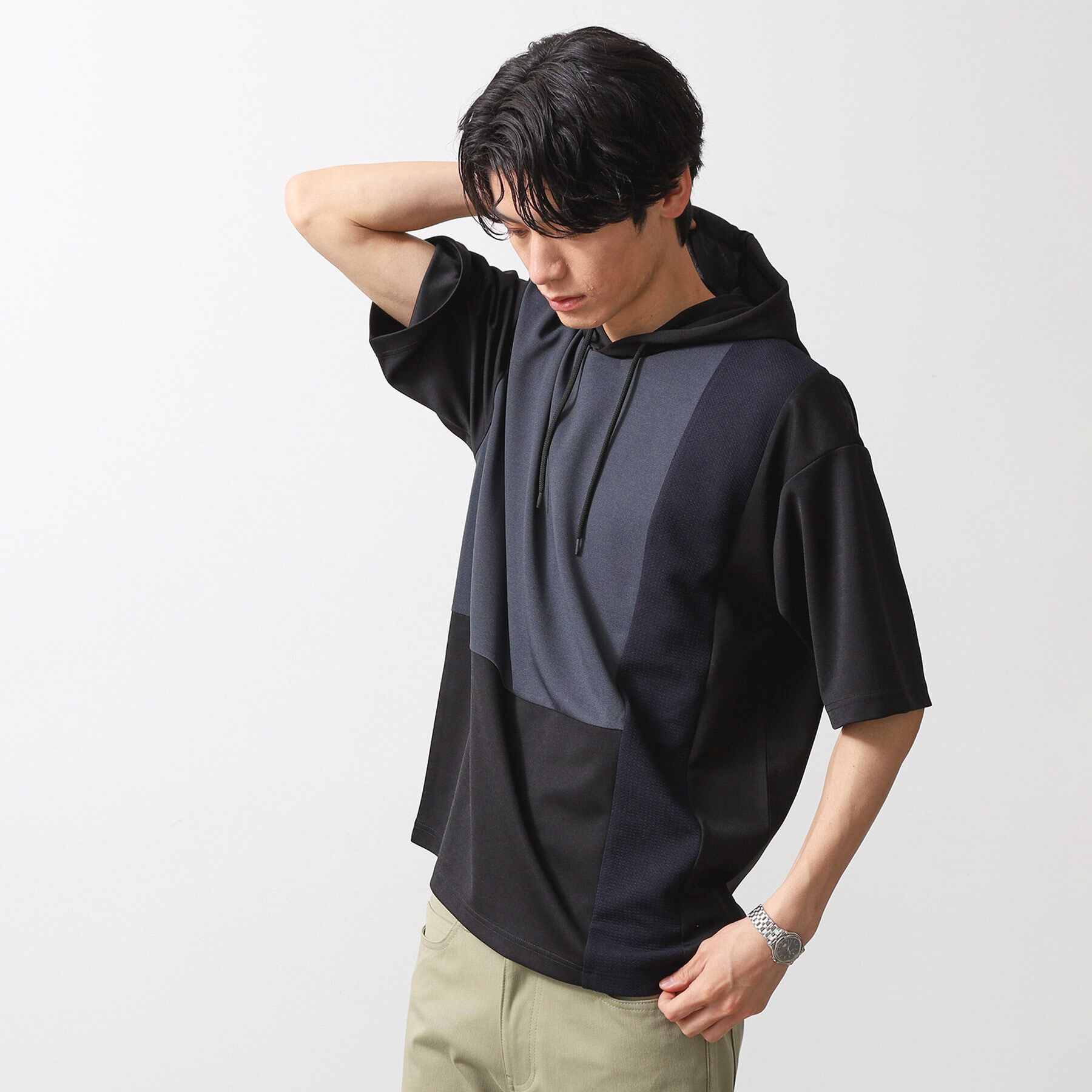 THE SHOP TK「ブロッキング半袖パーカ　洗濯機OK」|パーカー|ブラック(519)