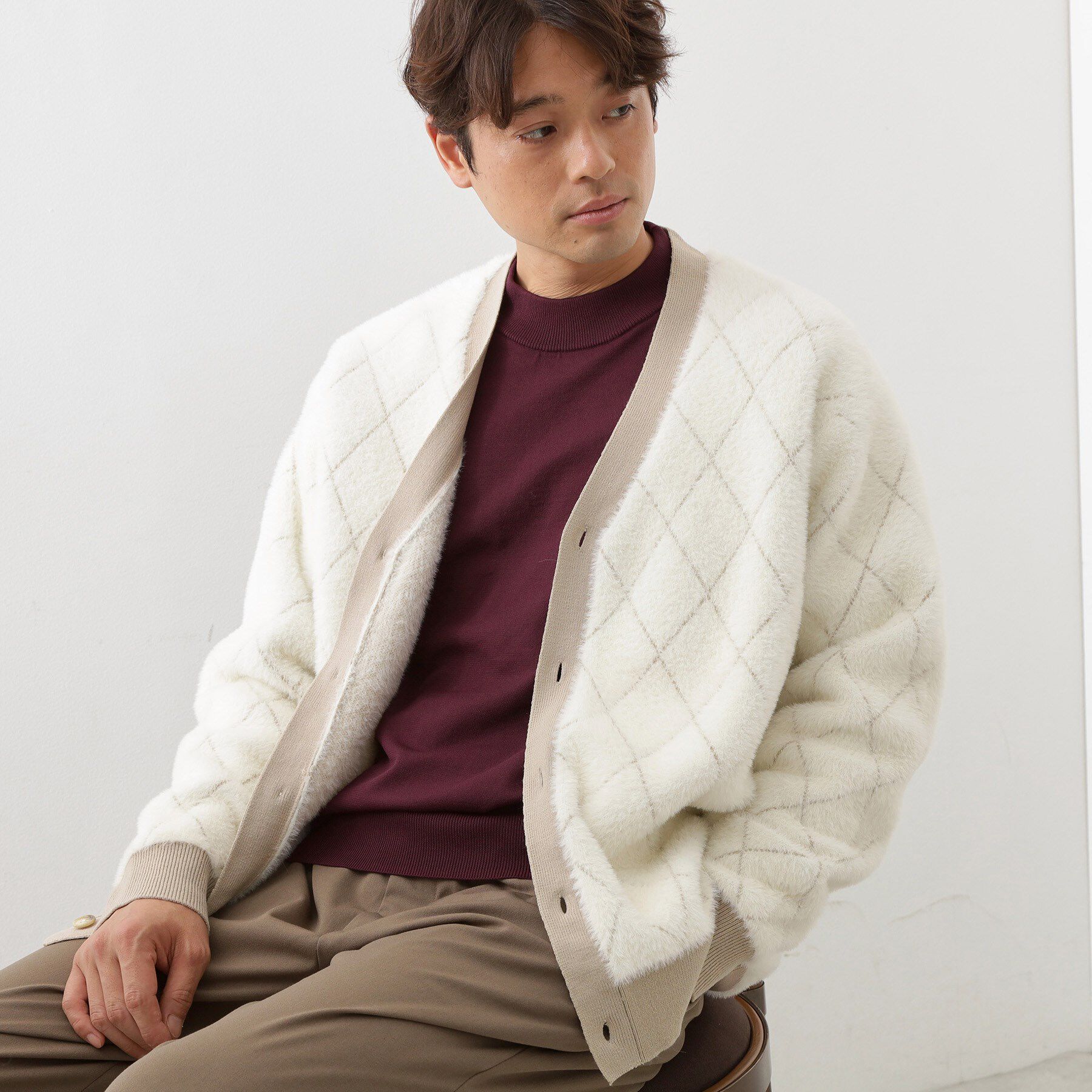 THE SHOP TK「配色シャギーニットカーディガン ユニセックスでおすすめ！」|カーディガン|オフホワイト(203