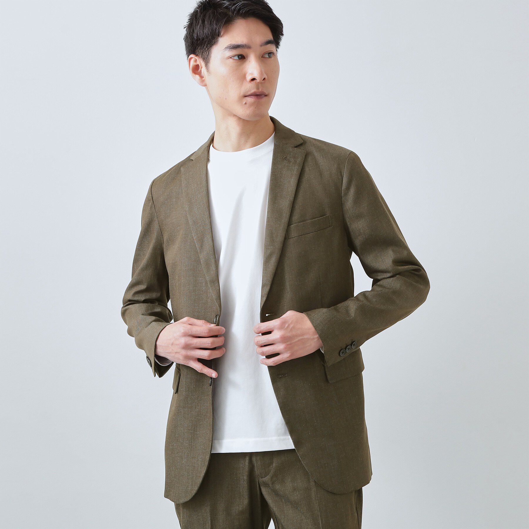 THE SHOP TK「ライトエバーデニム ジャケット 洗濯機OK/ストレッチ/セットアップ可」|デニムジャケット|カーキ(027)