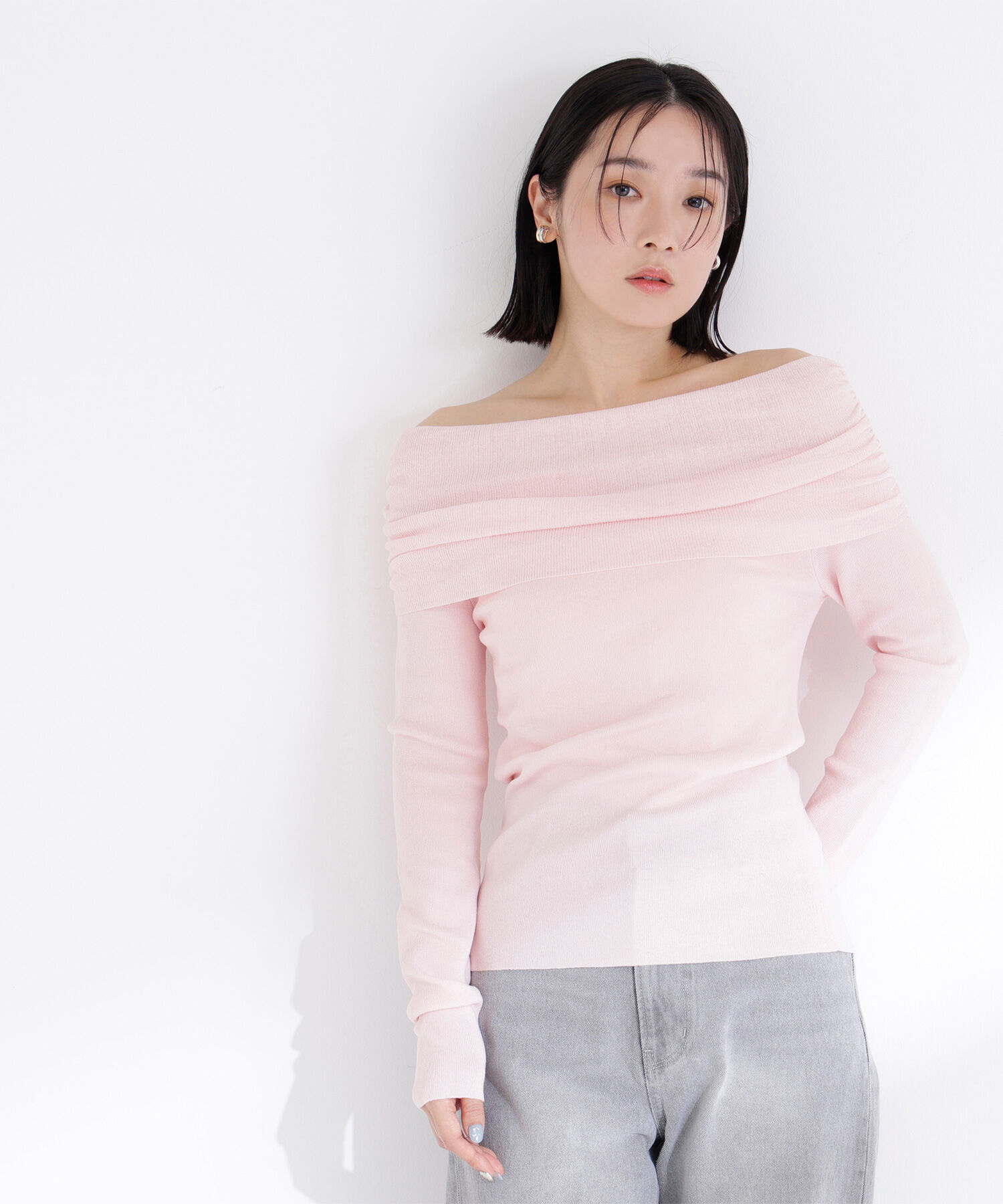  「オフショルコンパクトニット」|ニット・セーター|ピンク