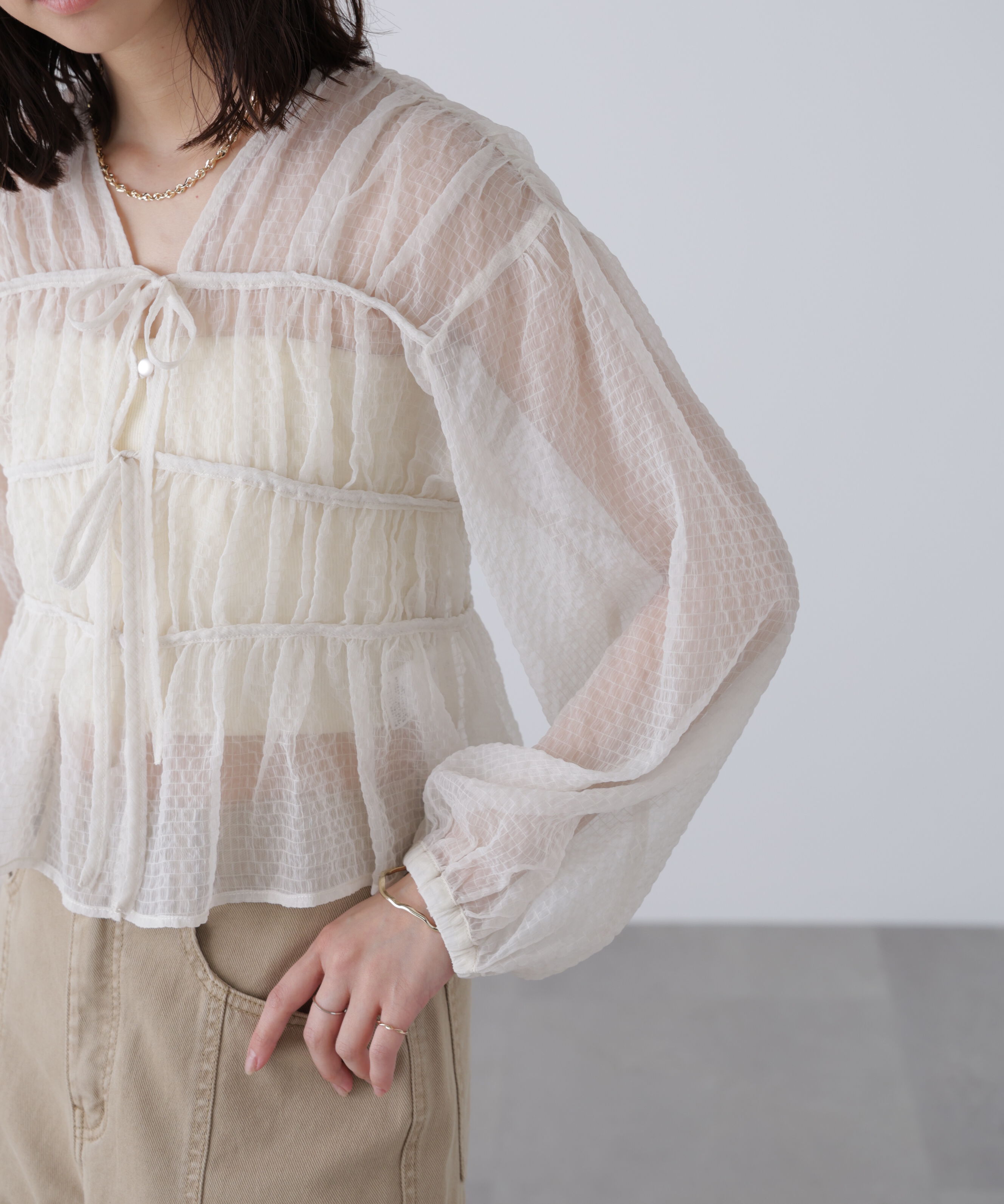  「シアーチェックギャザーリボン開きブラウス」|シャツ・ブラウス|