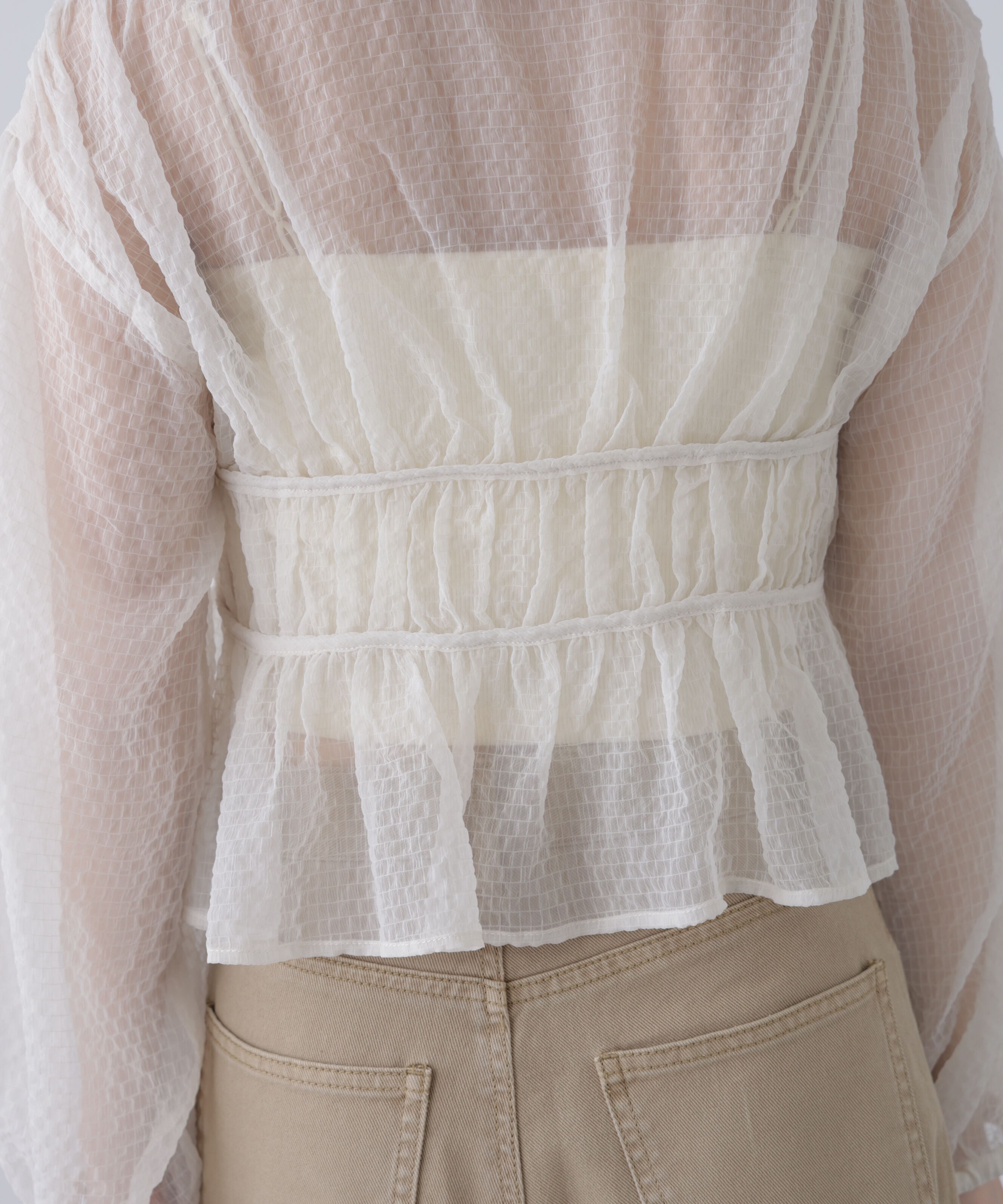  「シアーチェックギャザーリボン開きブラウス」|シャツ・ブラウス|