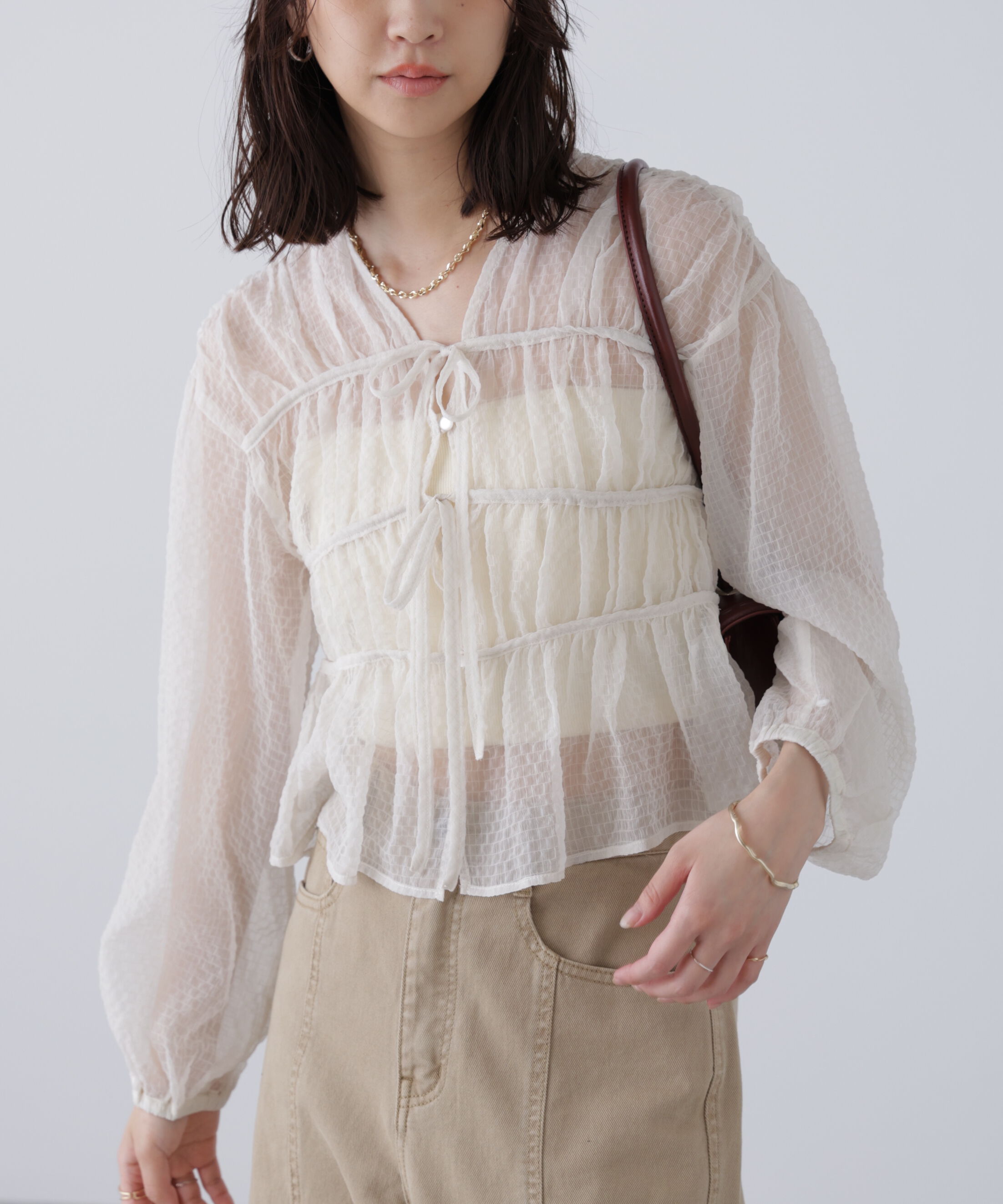  「シアーチェックギャザーリボン開きブラウス」|シャツ・ブラウス|