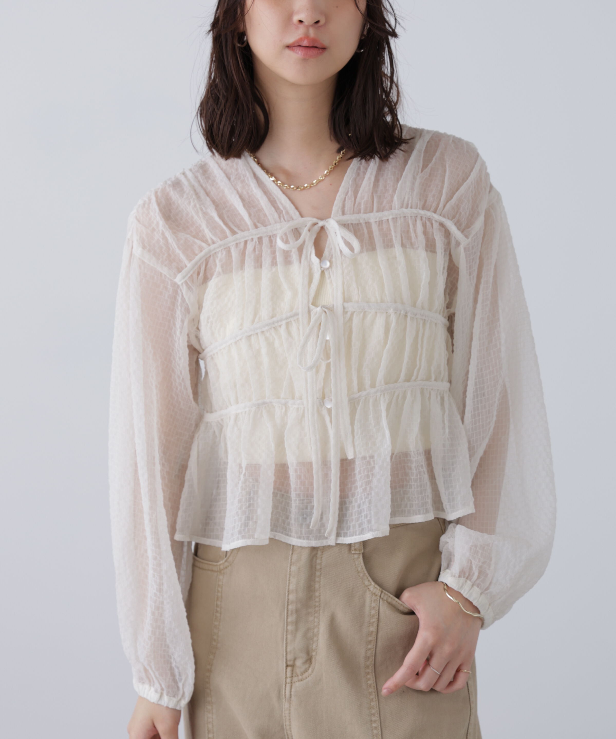  「シアーチェックギャザーリボン開きブラウス」|シャツ・ブラウス|