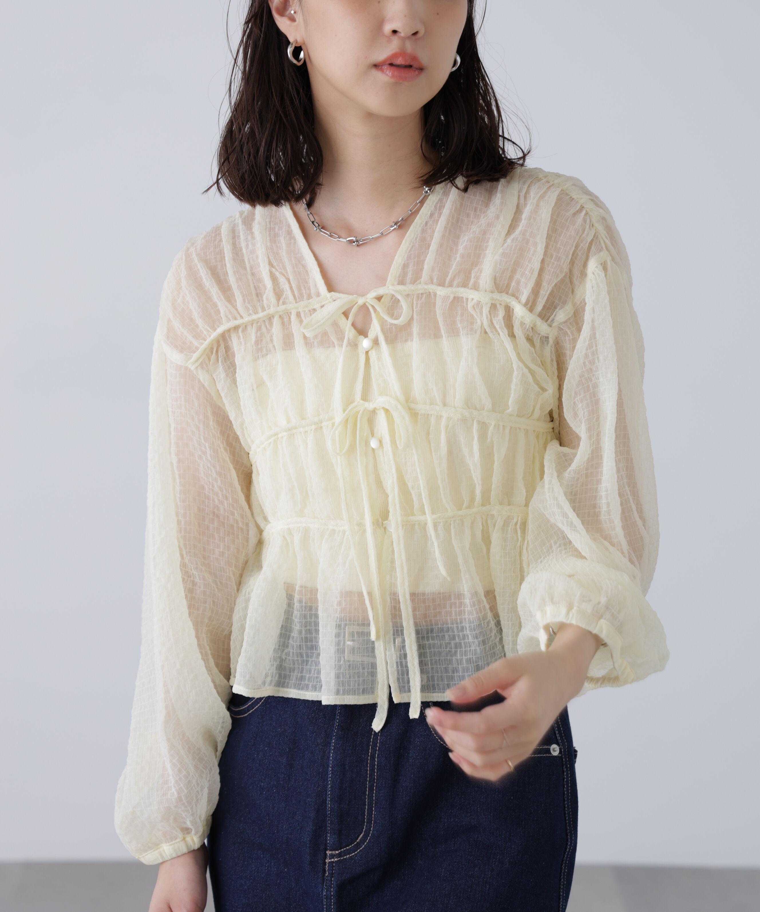  「シアーチェックギャザーリボン開きブラウス」|シャツ・ブラウス|