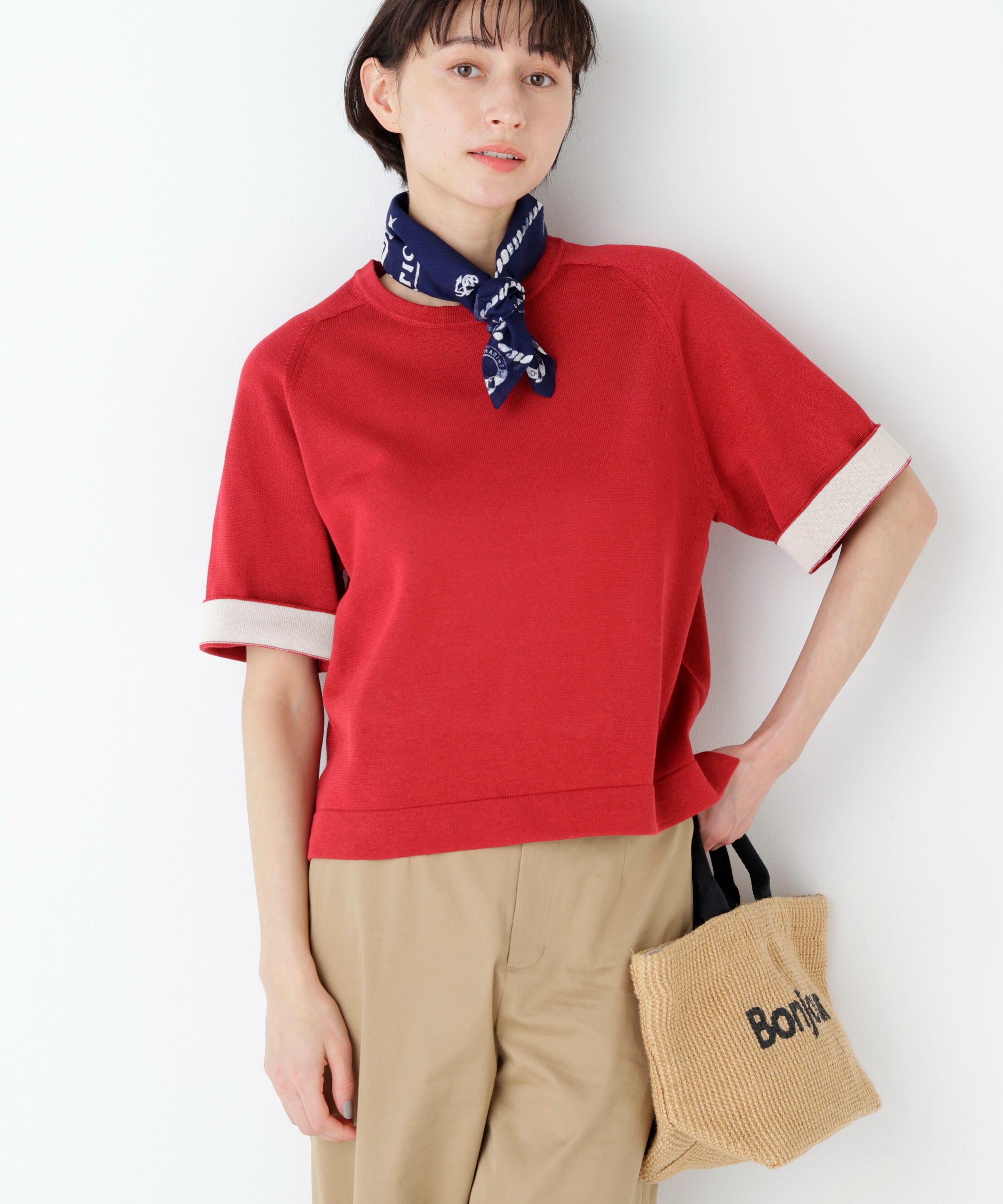  「ハイゲージギマ　クルーネックラグランプルオーバー」|ニット・セーター|レッド