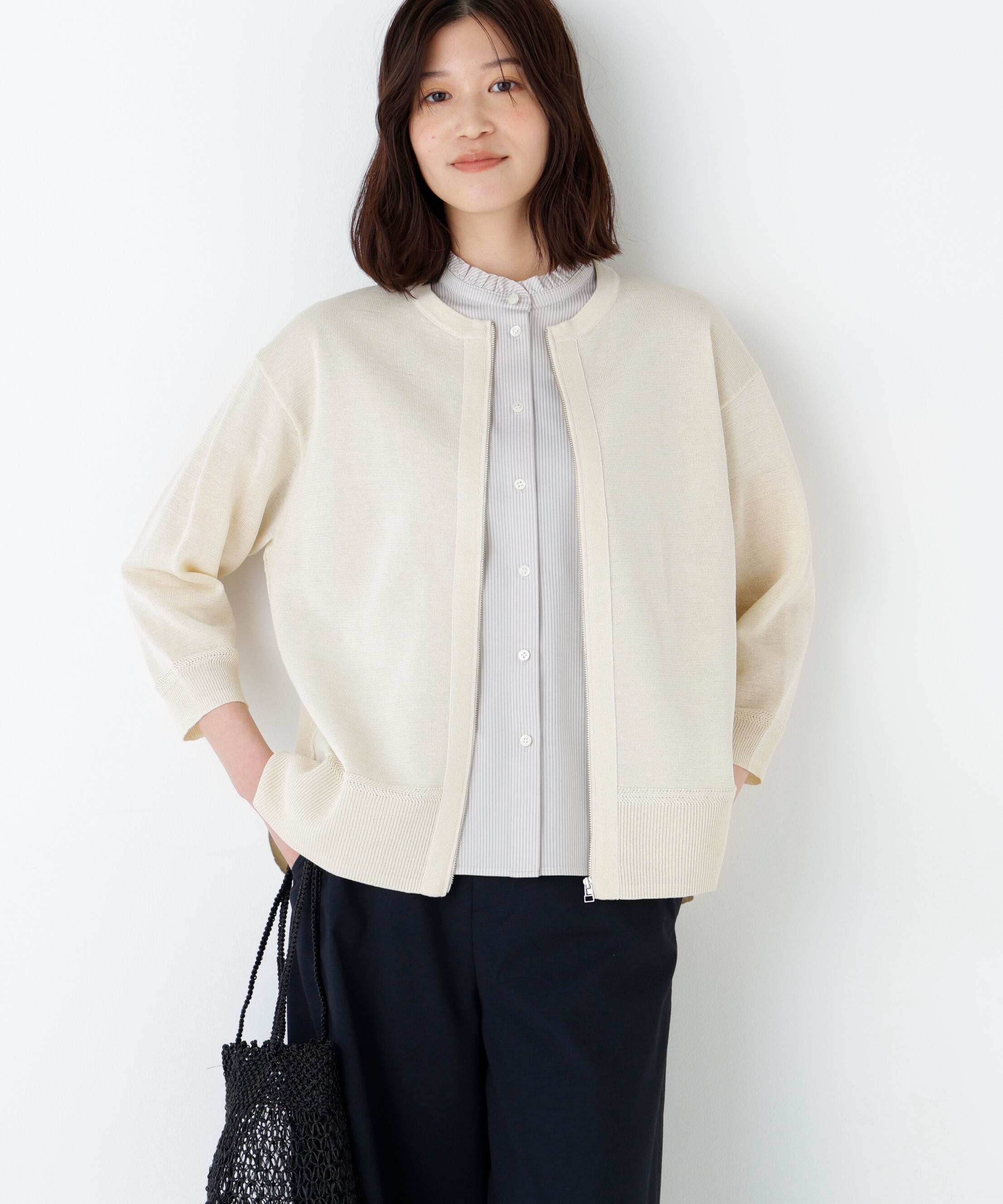  「ハイゲージギマ　ジップアップクルーカーディガン」|ニット・セーター|エクリュ1