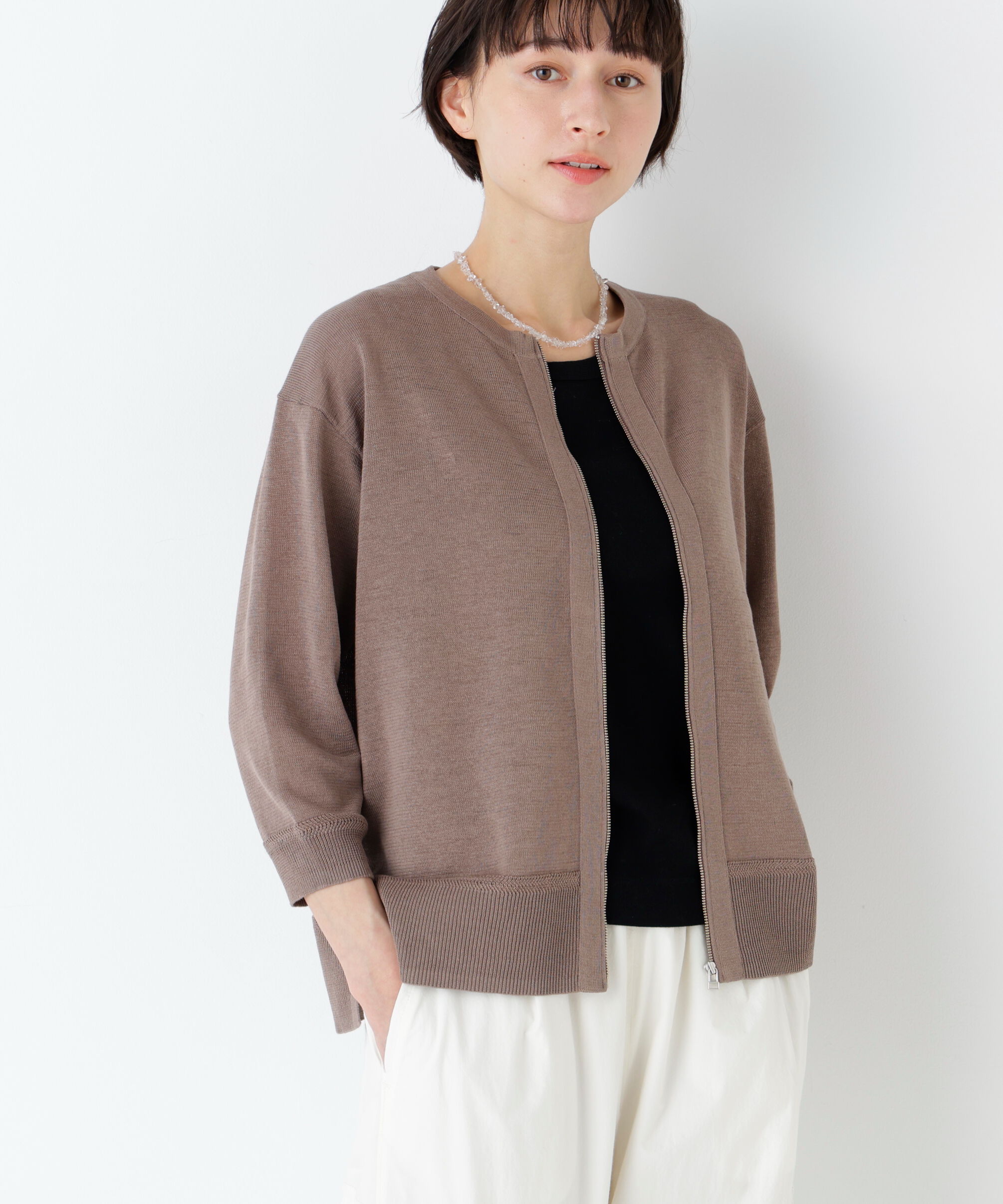 「ハイゲージギマ　ジップアップクルーカーディガン」|ニット・セーター|