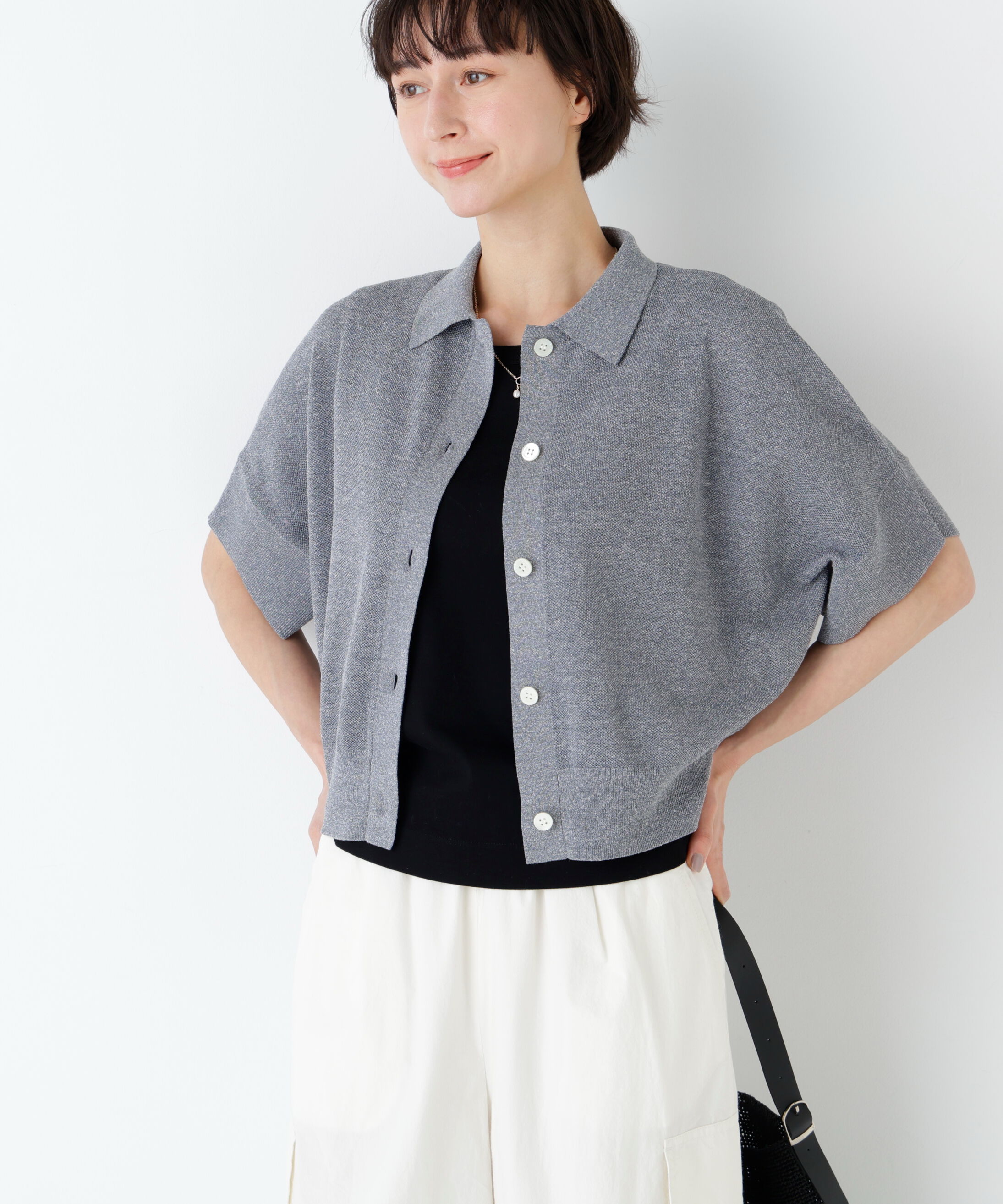  「麻混ワッフル柄ポロカーディガン」|ニット・セーター|グレー