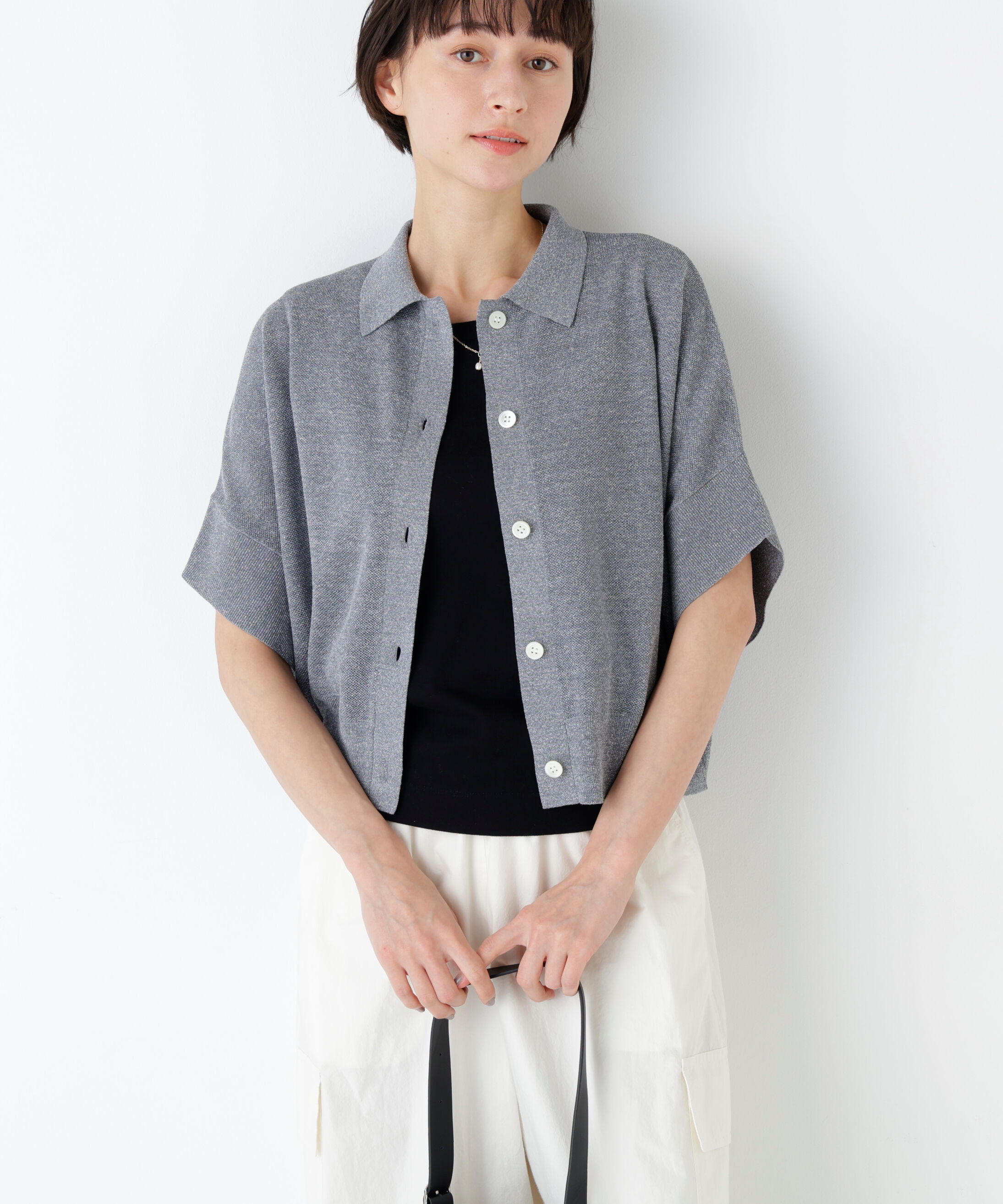  「麻混ワッフル柄ポロカーディガン」|ニット・セーター|