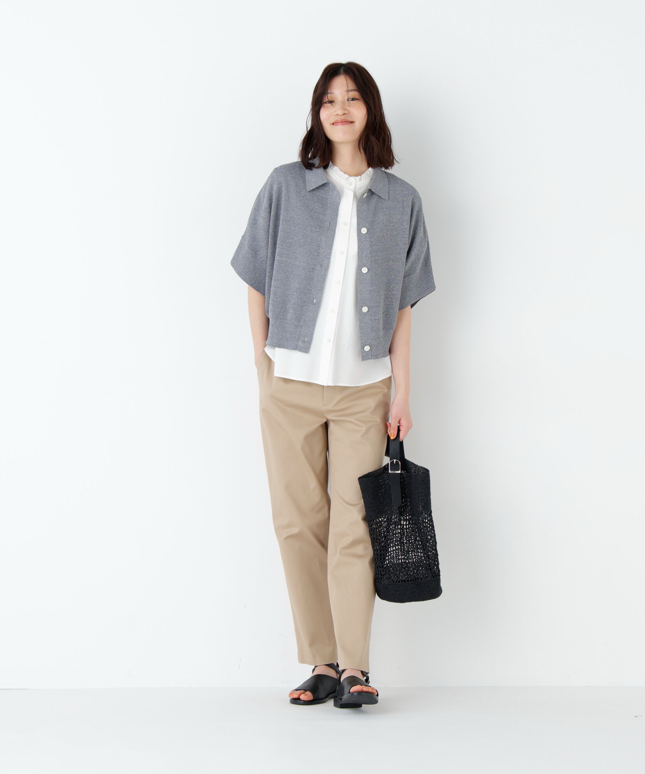  「麻混ワッフル柄ポロカーディガン」|ニット・セーター|