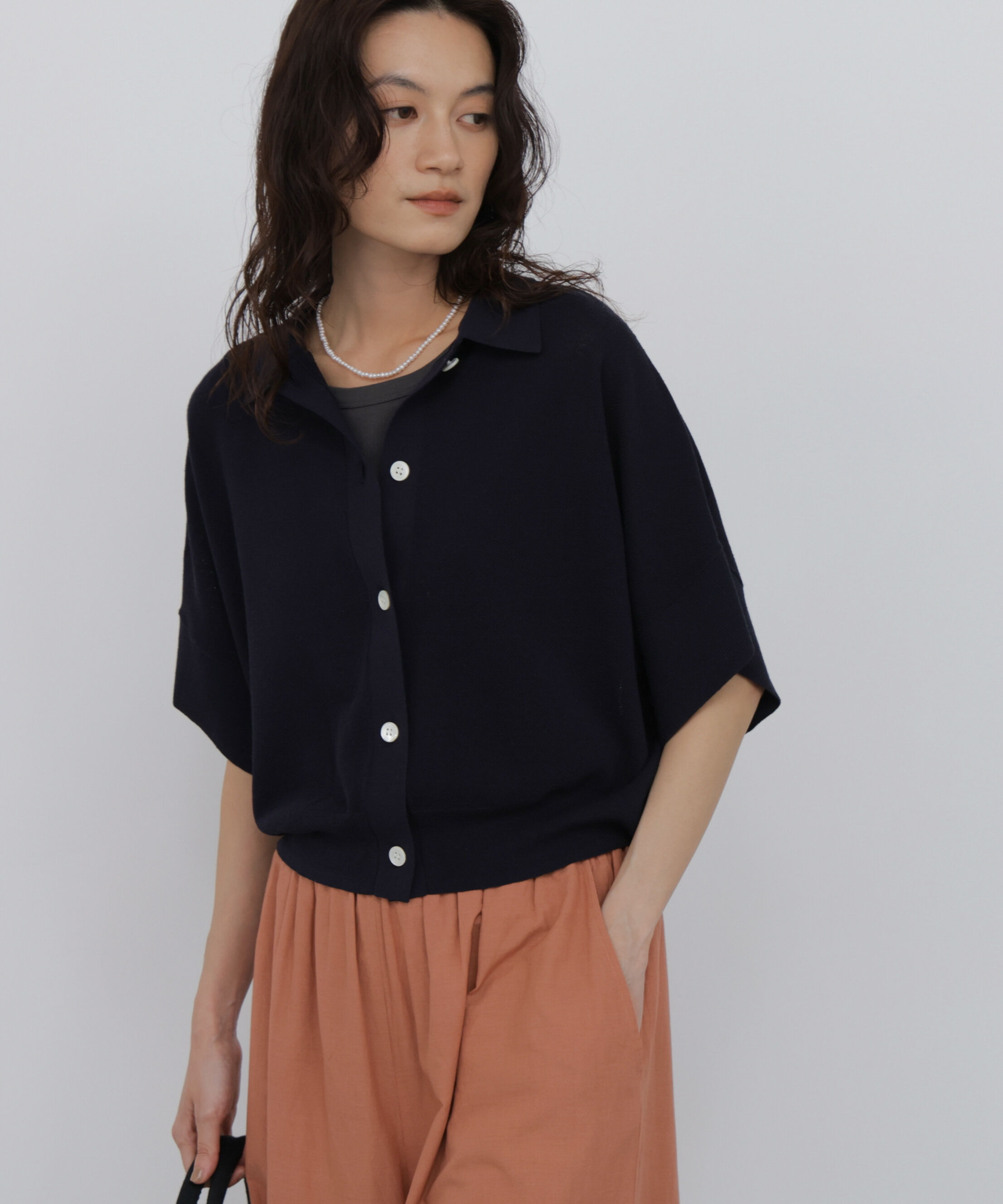  「麻混ワッフル柄ポロカーディガン」|ニット・セーター|ネイビー