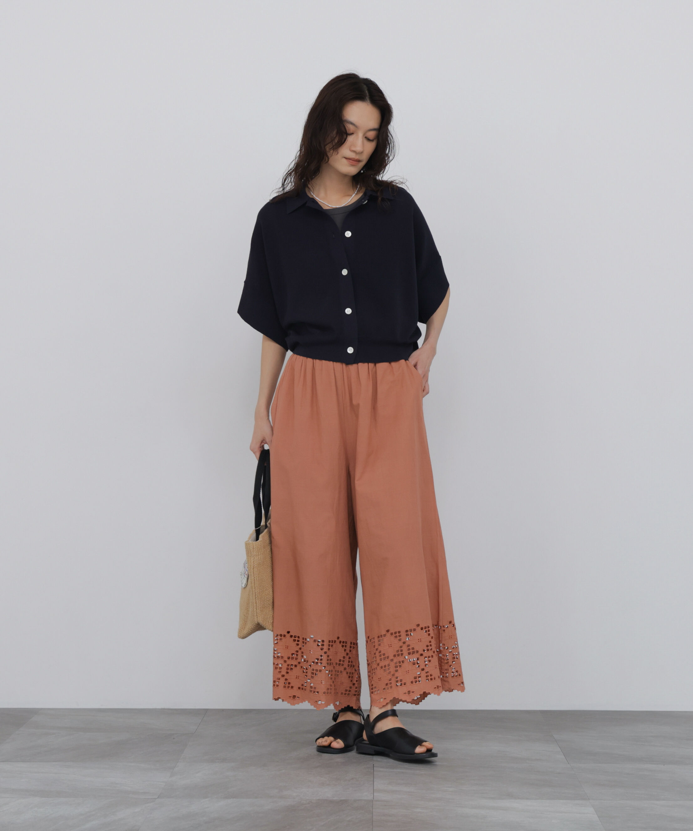  「麻混ワッフル柄ポロカーディガン」|ニット・セーター|