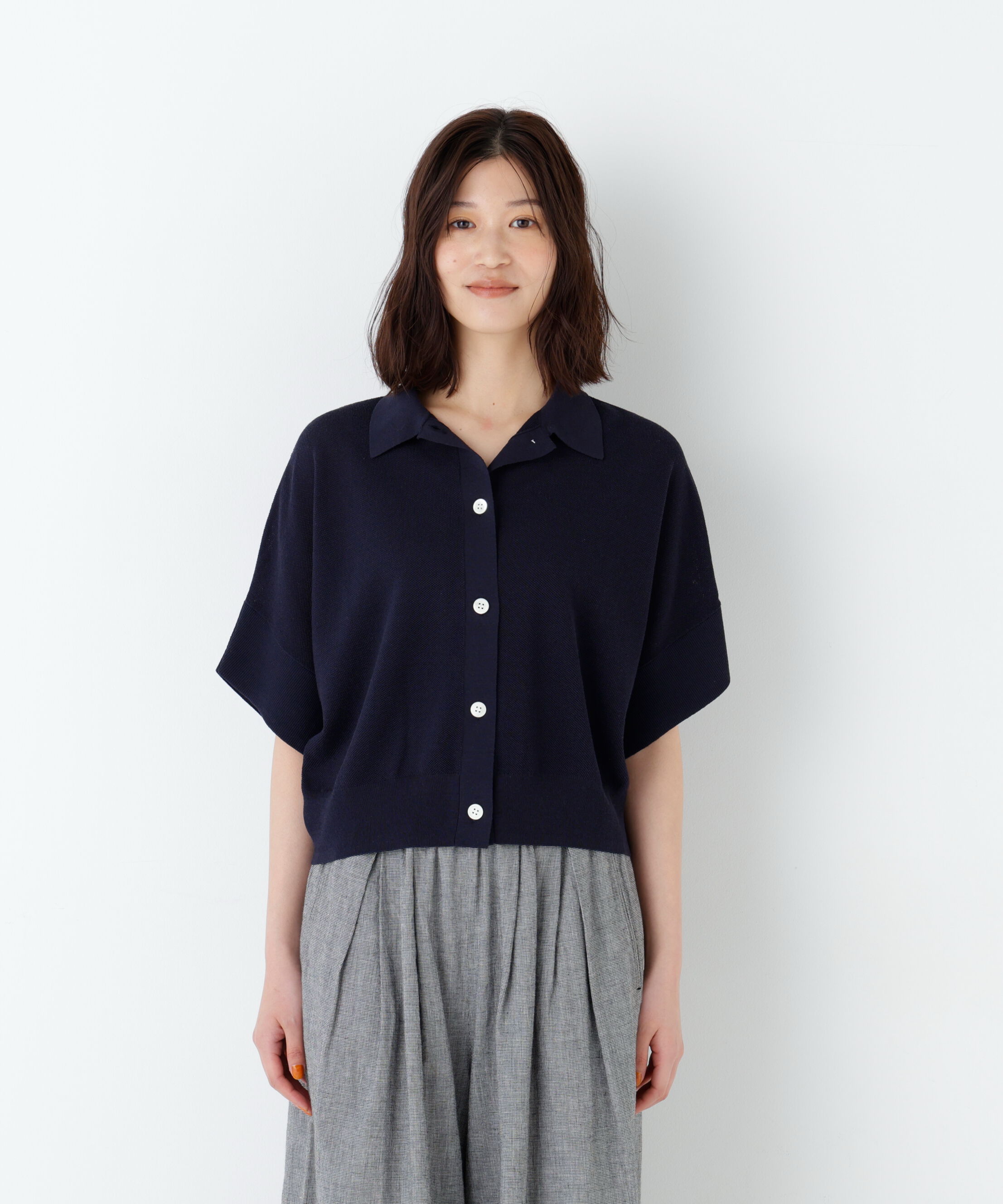  「麻混ワッフル柄ポロカーディガン」|ニット・セーター|