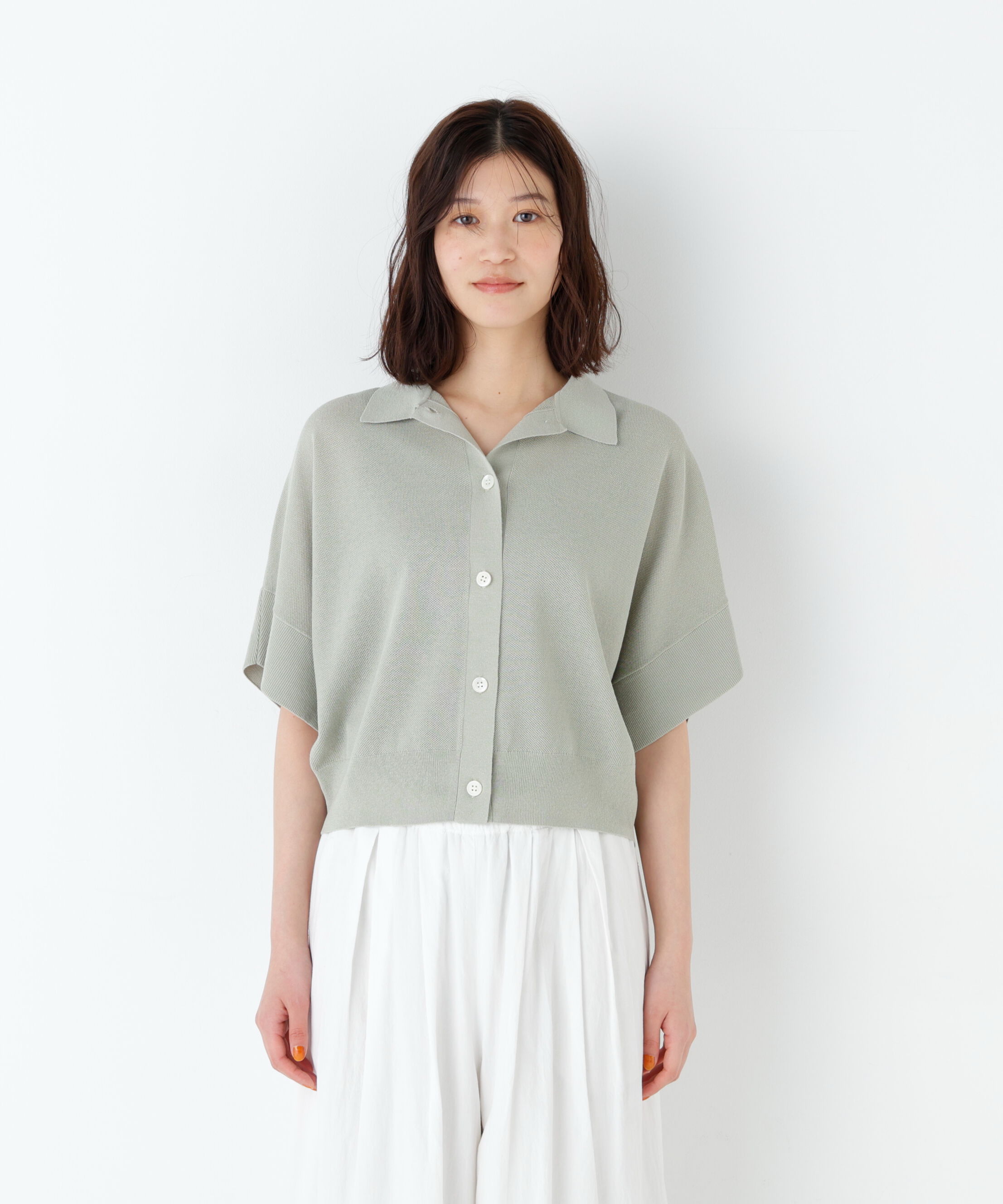  「麻混ワッフル柄ポロカーディガン」|ニット・セーター|