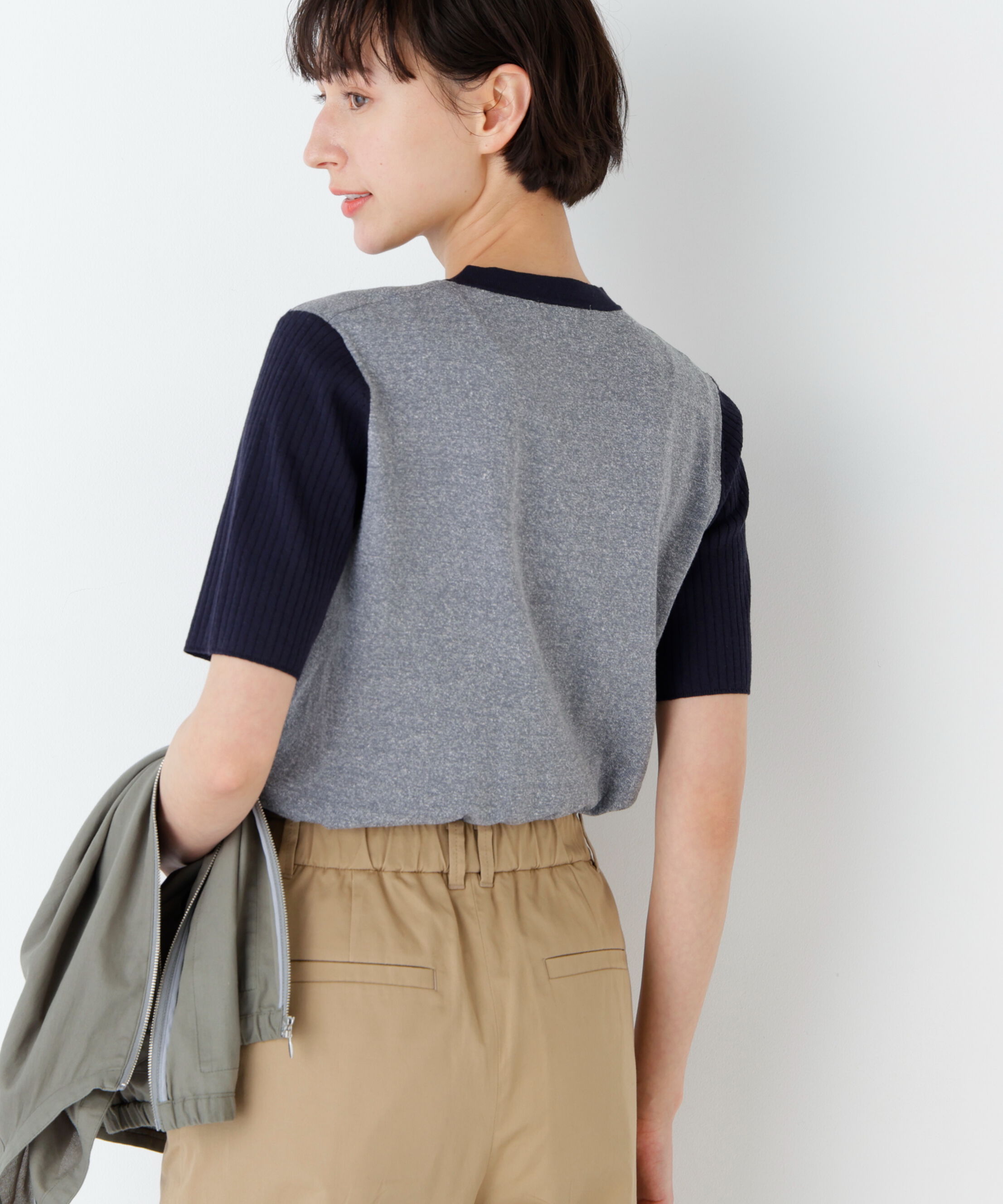  「麻混バイカラーヘンリーネックプルオーバー」|ニット・セーター|