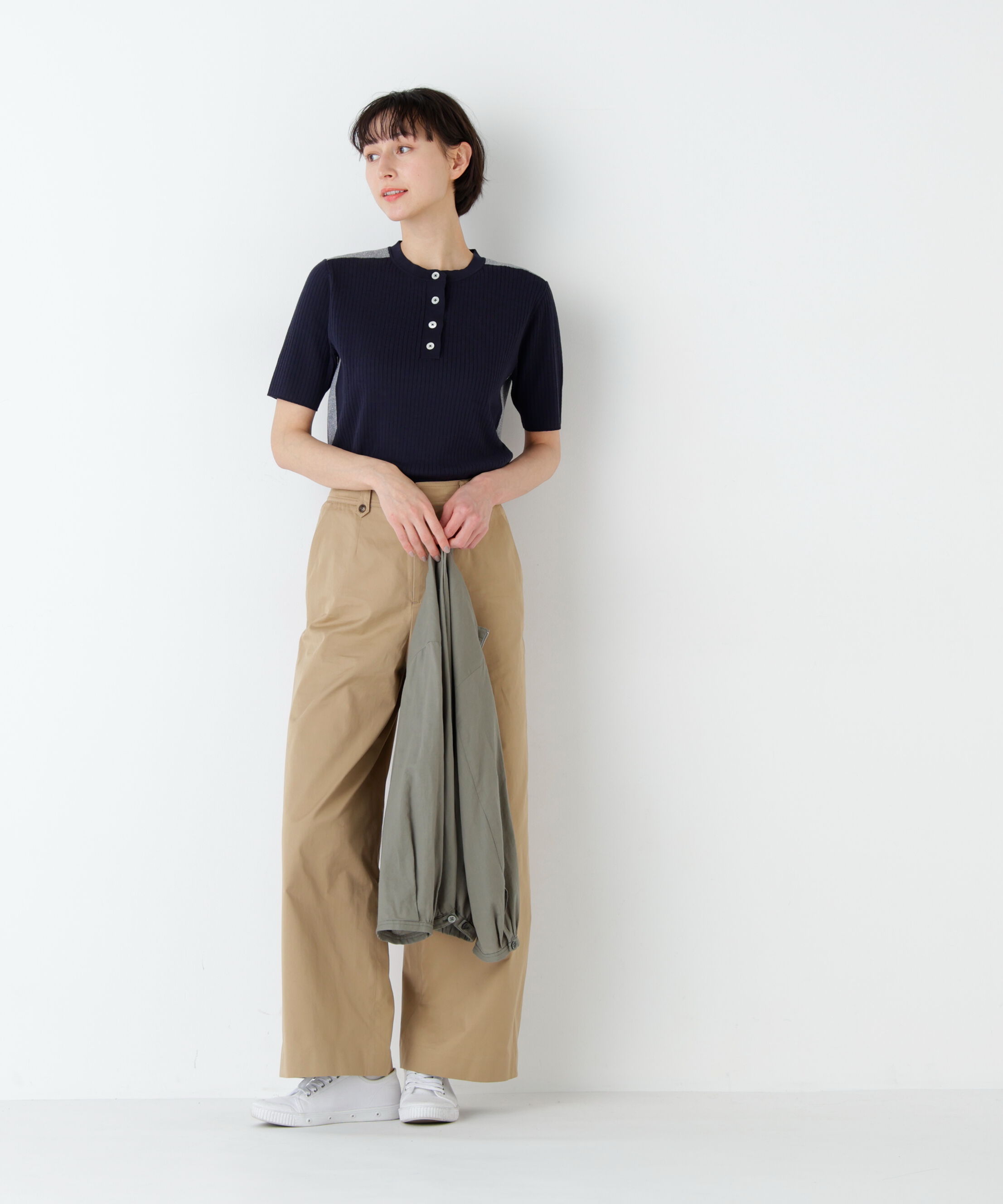  「麻混バイカラーヘンリーネックプルオーバー」|ニット・セーター|