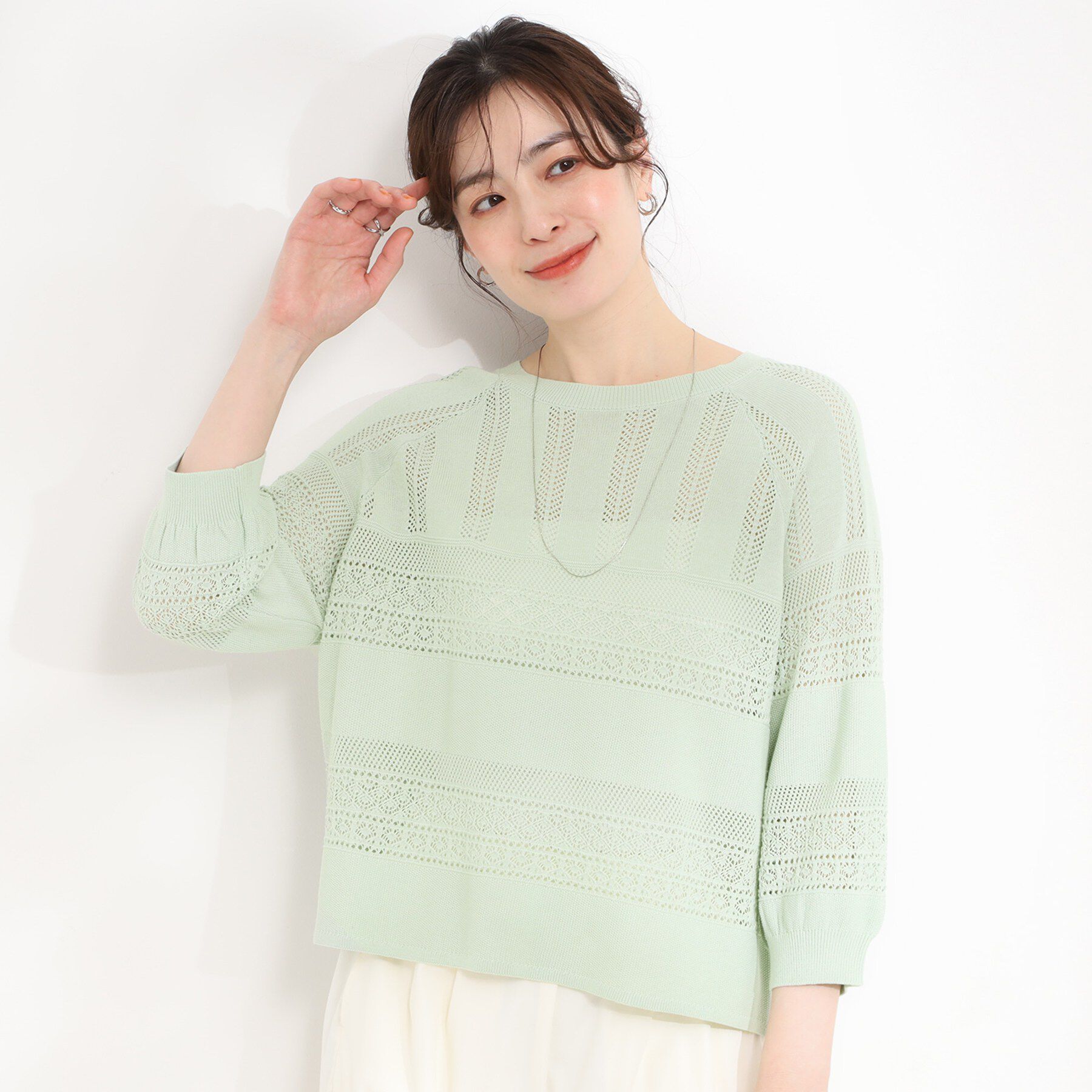 SHOO･LA･RUE「【洗濯機可/S-LL】軽やかきれい見え 透かし柄ニット」|ニット・セーター|