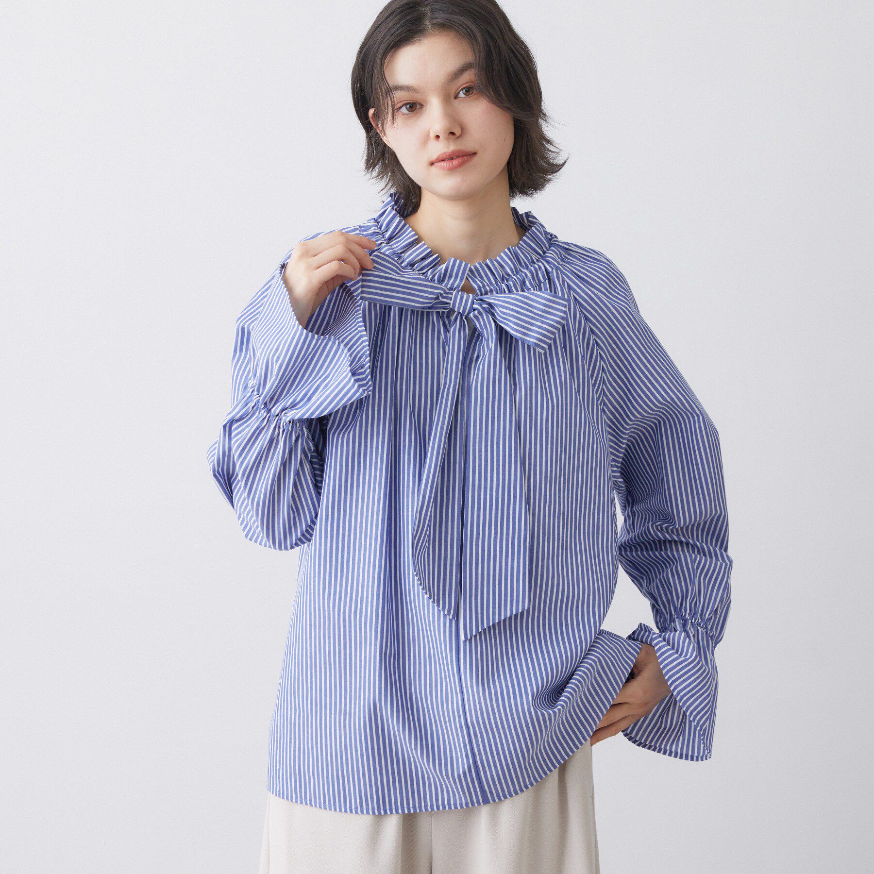 Dessin「【洗える】フリルボウタイストライプブラウス」|シャツ・ブラウス|