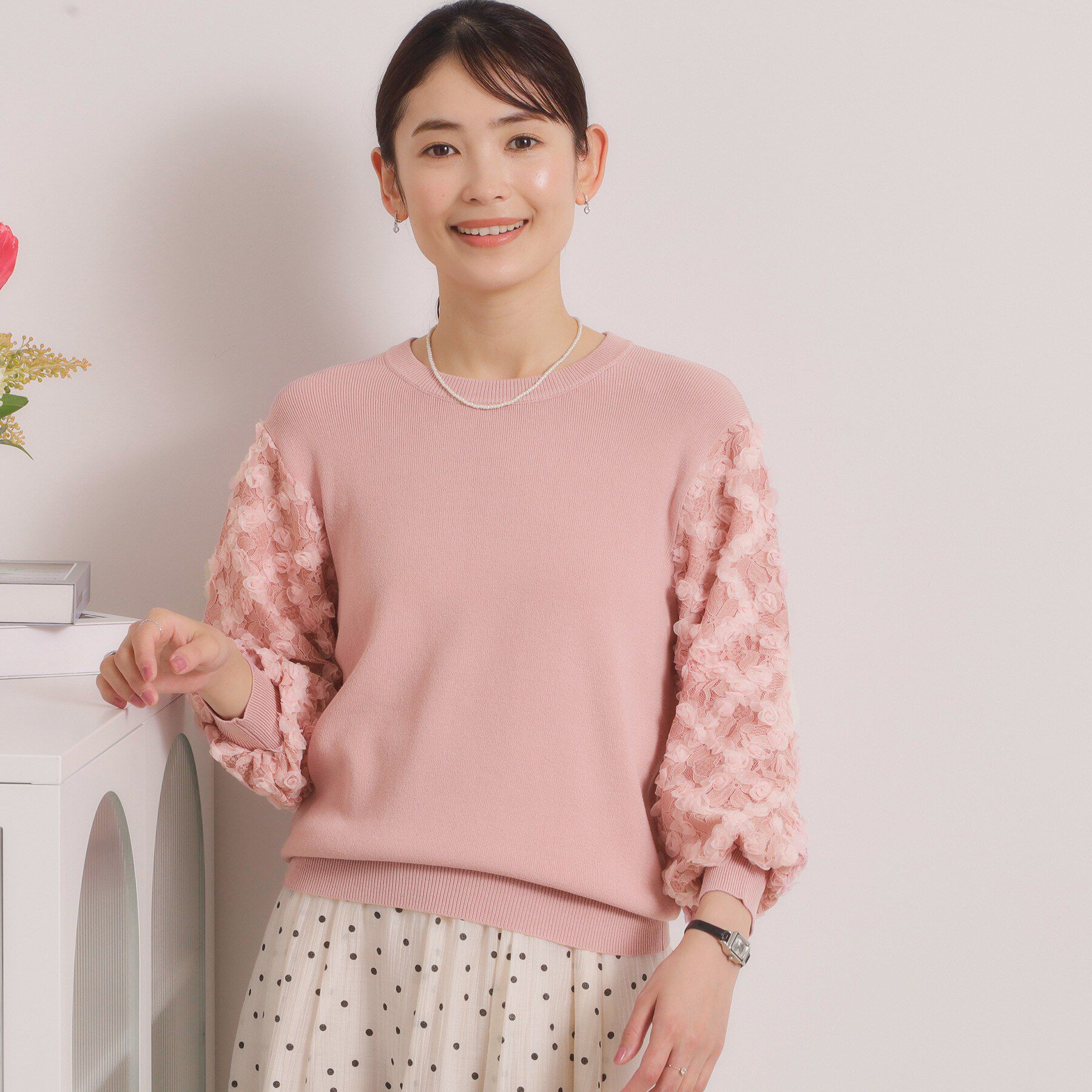 ITS&rsquo;DEMO「【手洗い可】立体チュールレース袖ニット」|ニット・セーター|ピンク(071)