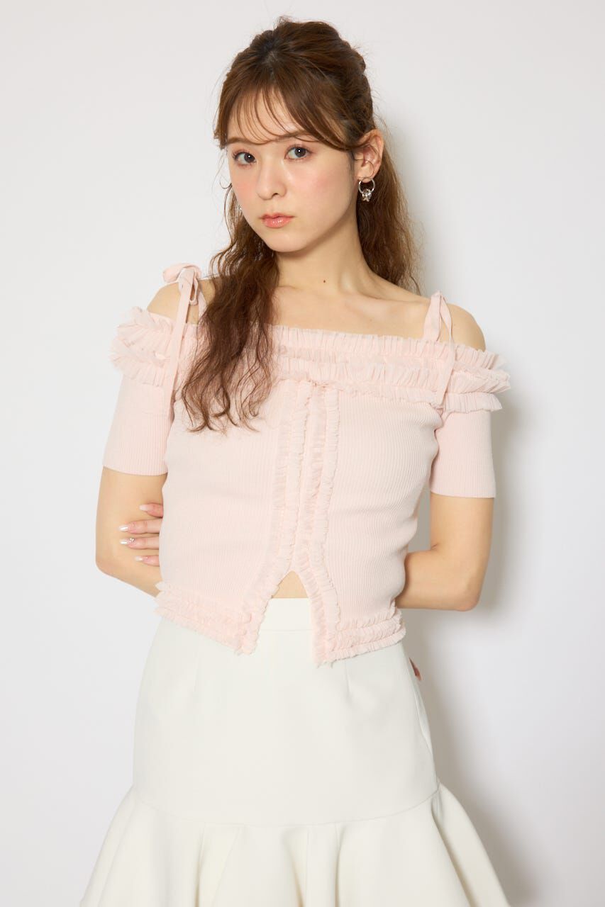 rienda「オフショルフリルニットトップス」|ニット・セーター|L/PNK1
