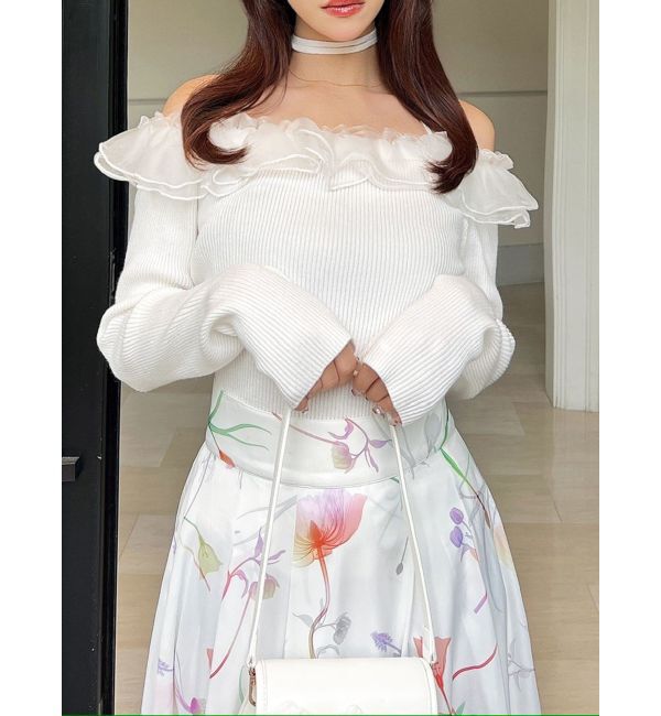 RESEXXY「シアーコンビオフショルニットトップス」|ニット・セーター|ホワイト