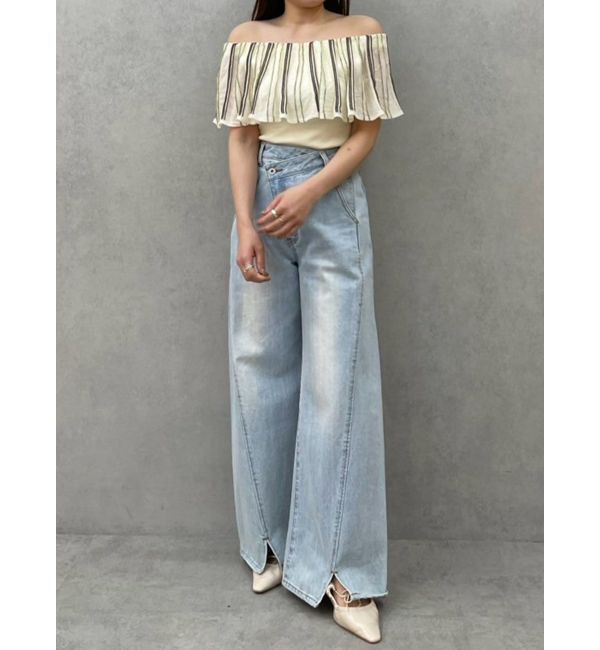 LAGUNAMOON「MIXストライプオフショルニットトップス」|ニット・セーター|