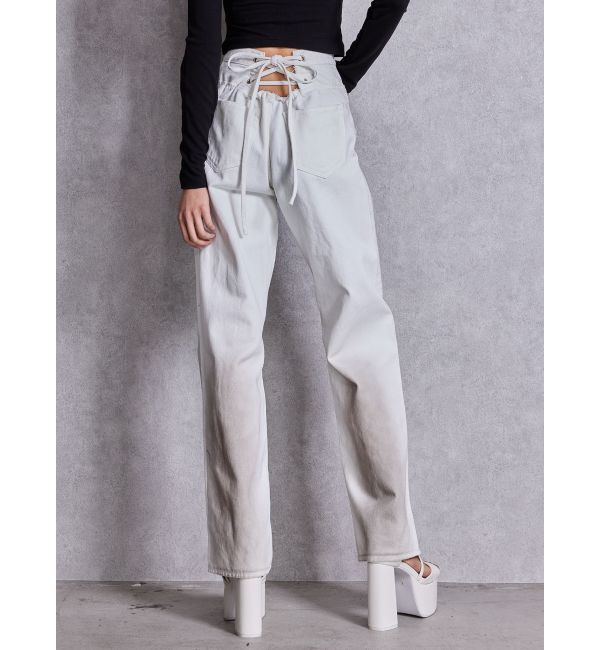 GYDA「ハイウエストBACK LACE UPストレートデニムパンツ」|デニム|オフホワイト