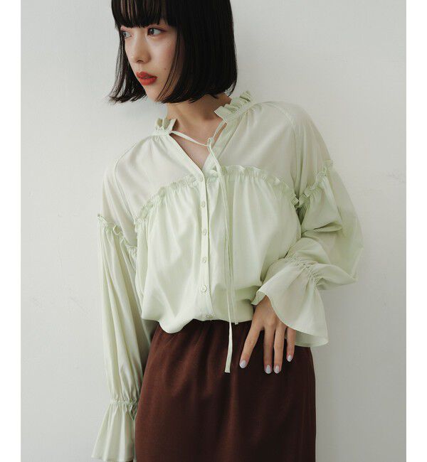 EMMEL REFINES「＜EMMEL REFINES＞EM フリルギャザー スキッパー ブラウス」|シャツ・ブラウス|LIME