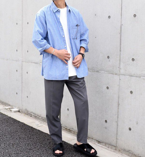 SHIPS any「SHIPS any: 〈洗濯機可能〉コットン / リネン ブルー ストライプ 7分袖 レギュラー シャツ◇」|シャツ・ブラウス|