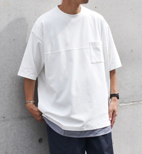 SHIPS any「SHIPS any: バックメッシュ / ストライプシャツ ドッキング フェイクレイヤード ポケット Tシャツ◇」|Tシャツ・カットソー|